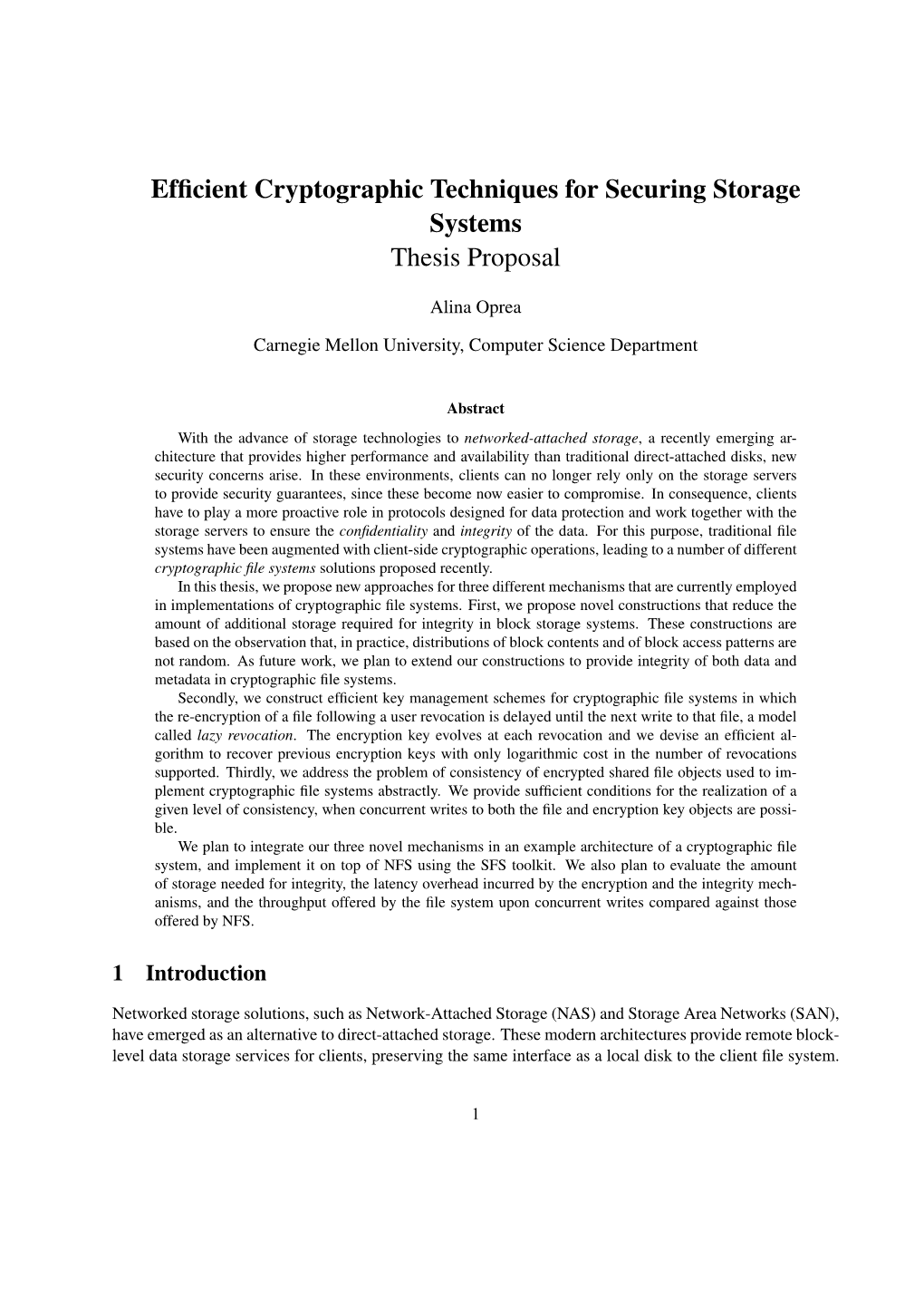 Efficient Cryptographic Techniques for Securing Storage Systems Thesis Proposal