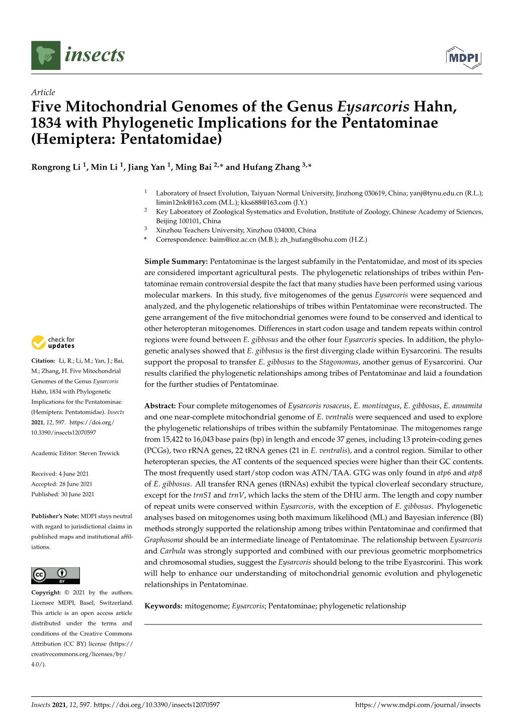 Five Mitochondrial Genomes of the Genus Eysarcoris Hahn, 1834 with Phylogenetic Implications for the Pentatominae (Hemiptera: Pentatomidae)