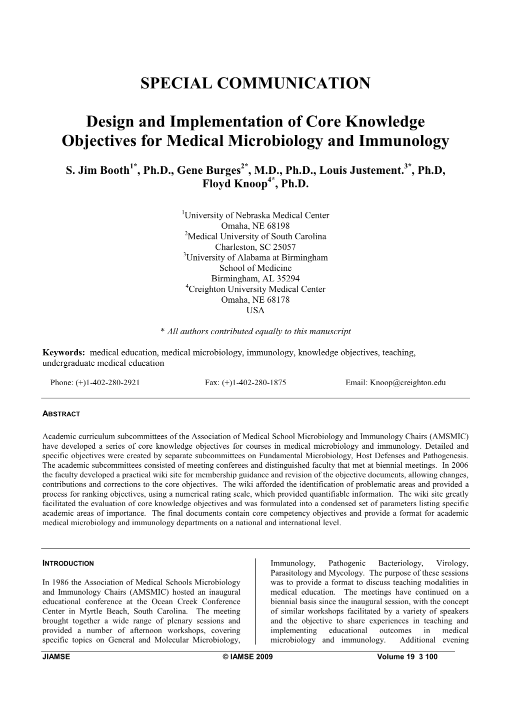 SPECIAL COMMUNICATION Design and Implementation of Core Knowledge Objectives for Medical Microbiology and Immunology