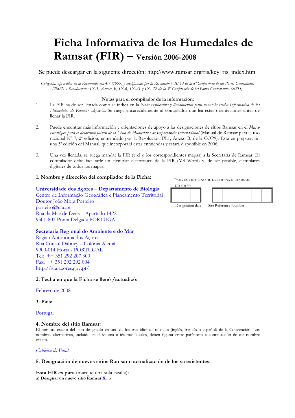 Ficha Informativa De Los Humedales De Ramsar (FIR) – Versión 2006-2008