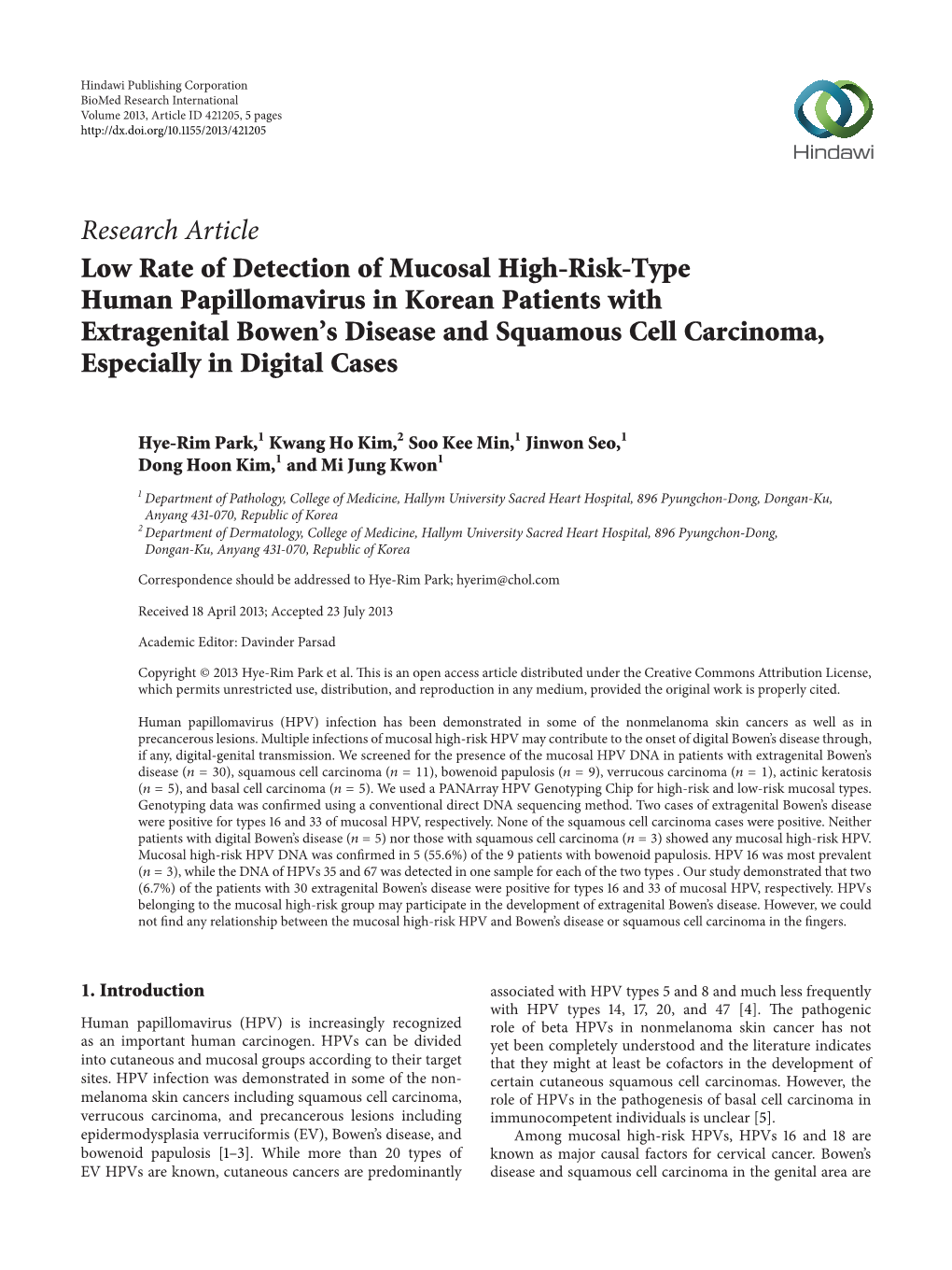 Low Rate of Detection of Mucosal High-Risk-Type Human