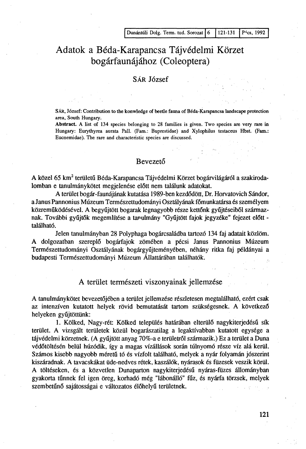 A Béda-Karapancsa Tájvédelmi Körzet Élővilága (Dunántúli Dolgozatok Természettudományi Sorozat 6., 1992)