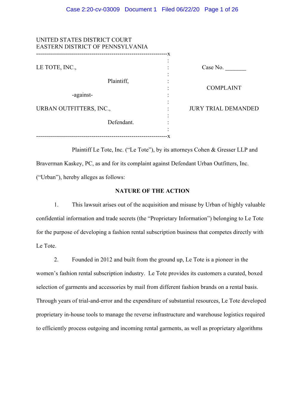 UNITED STATES DISTRICT COURT EASTERN DISTRICT of PENNSYLVANIA ------X : LE TOTE, INC., : Case No