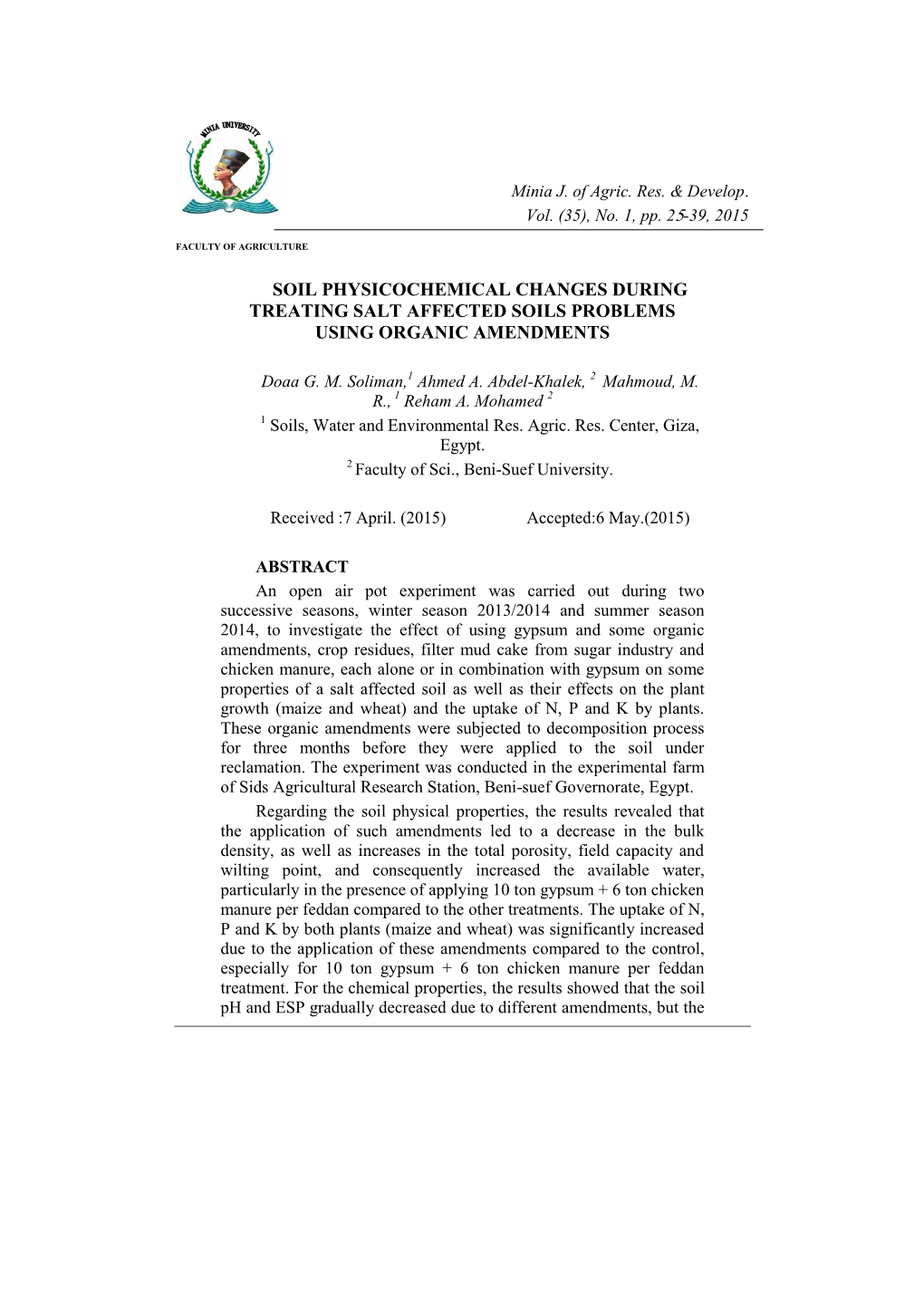 Soil Physicochemical Changes During Treating Salt Affected Soils Problems Using Organic Amendments