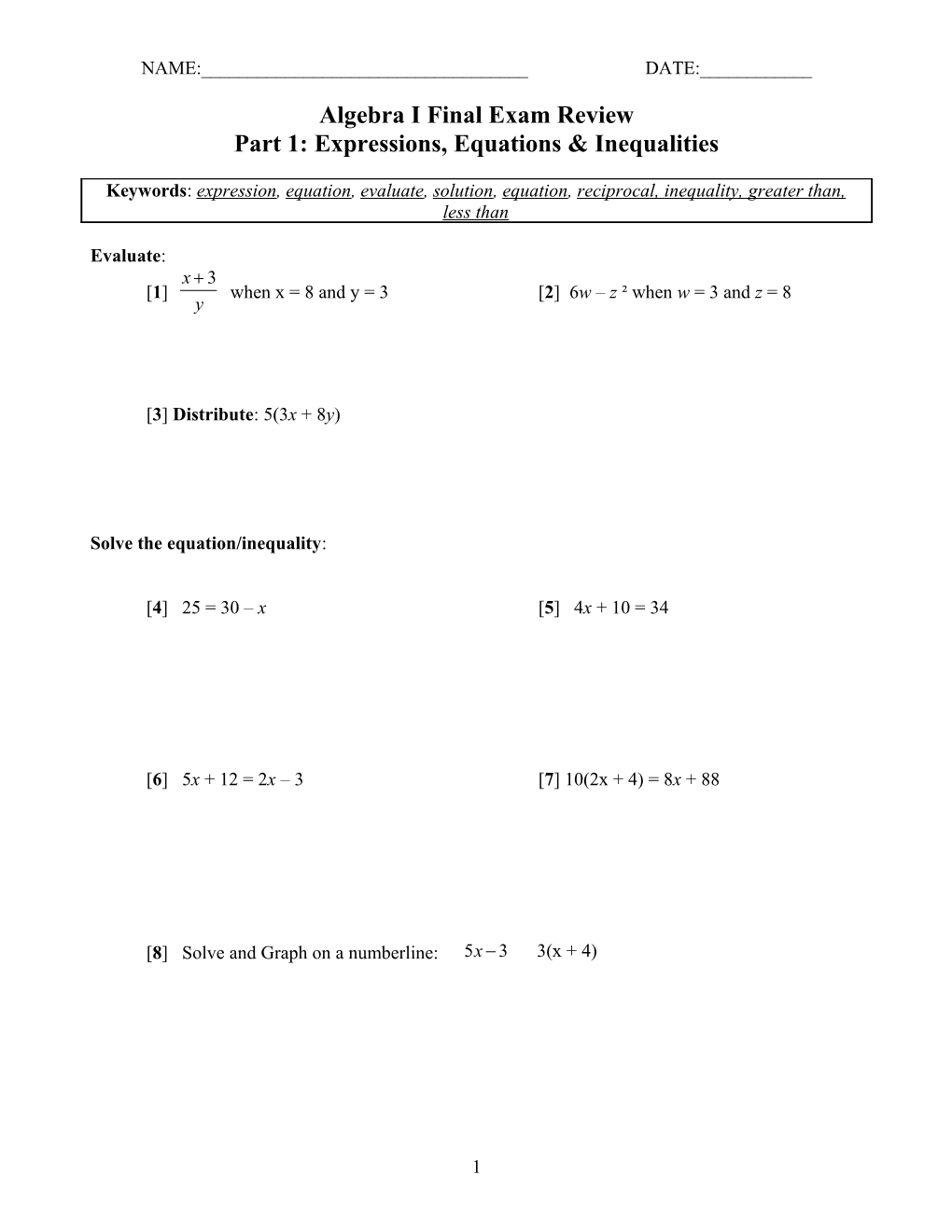 Algebra I Final Exam Review