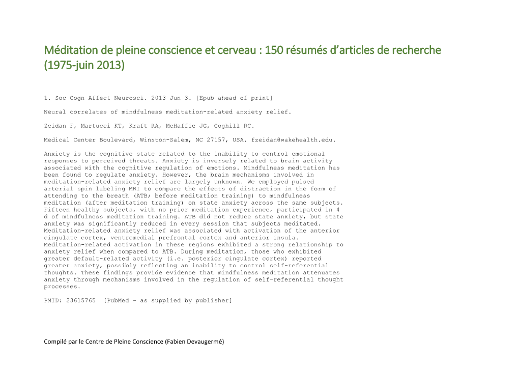 Méditation De Pleine Conscience Et Cerveau : 150 Résumés D’Articles De Recherche (1975-Juin 2013)