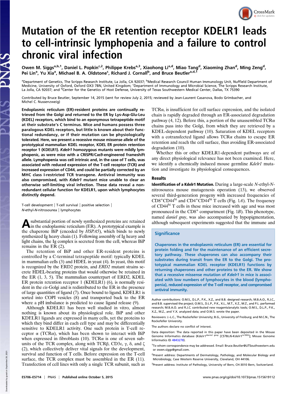 Mutation of the ER Retention Receptor KDELR1 Leads to Cell-Intrinsic Lymphopenia and a Failure to Control Chronic Viral Infection