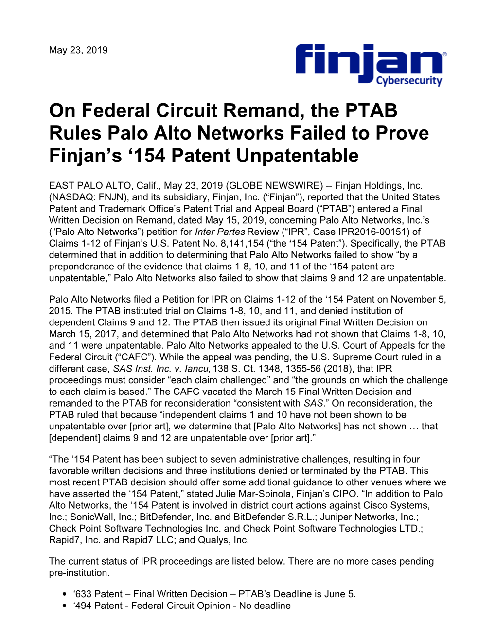 On Federal Circuit Remand, the PTAB Rules Palo Alto Networks Failed to Prove Finjan’S ‘154 Patent Unpatentable