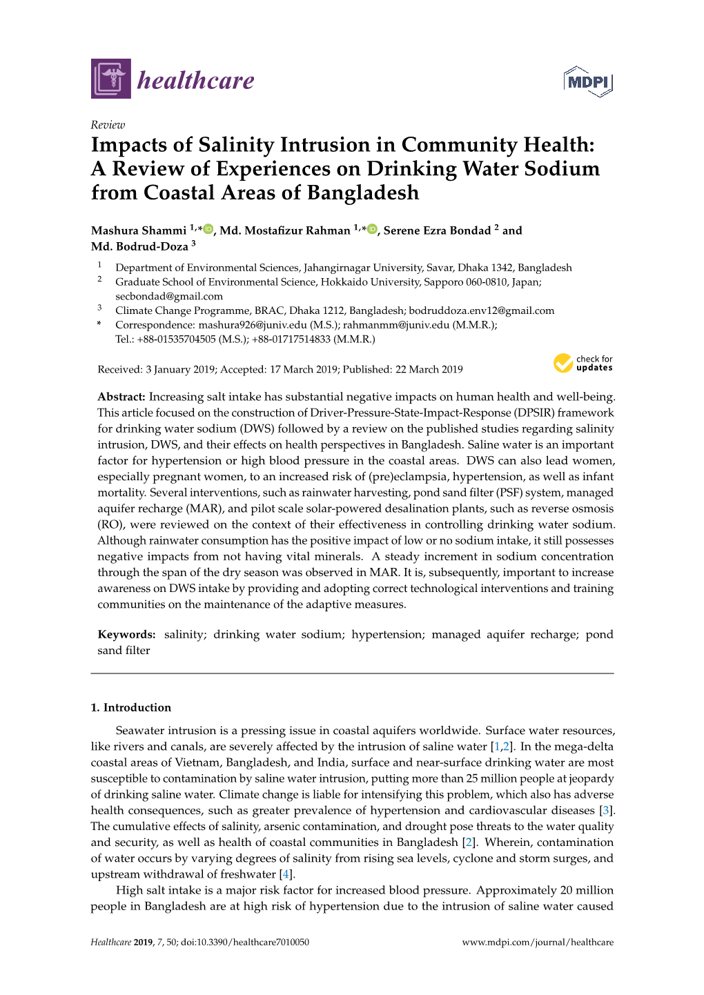 Impacts of Salinity Intrusion in Community Health: a Review of Experiences on Drinking Water Sodium from Coastal Areas of Bangladesh