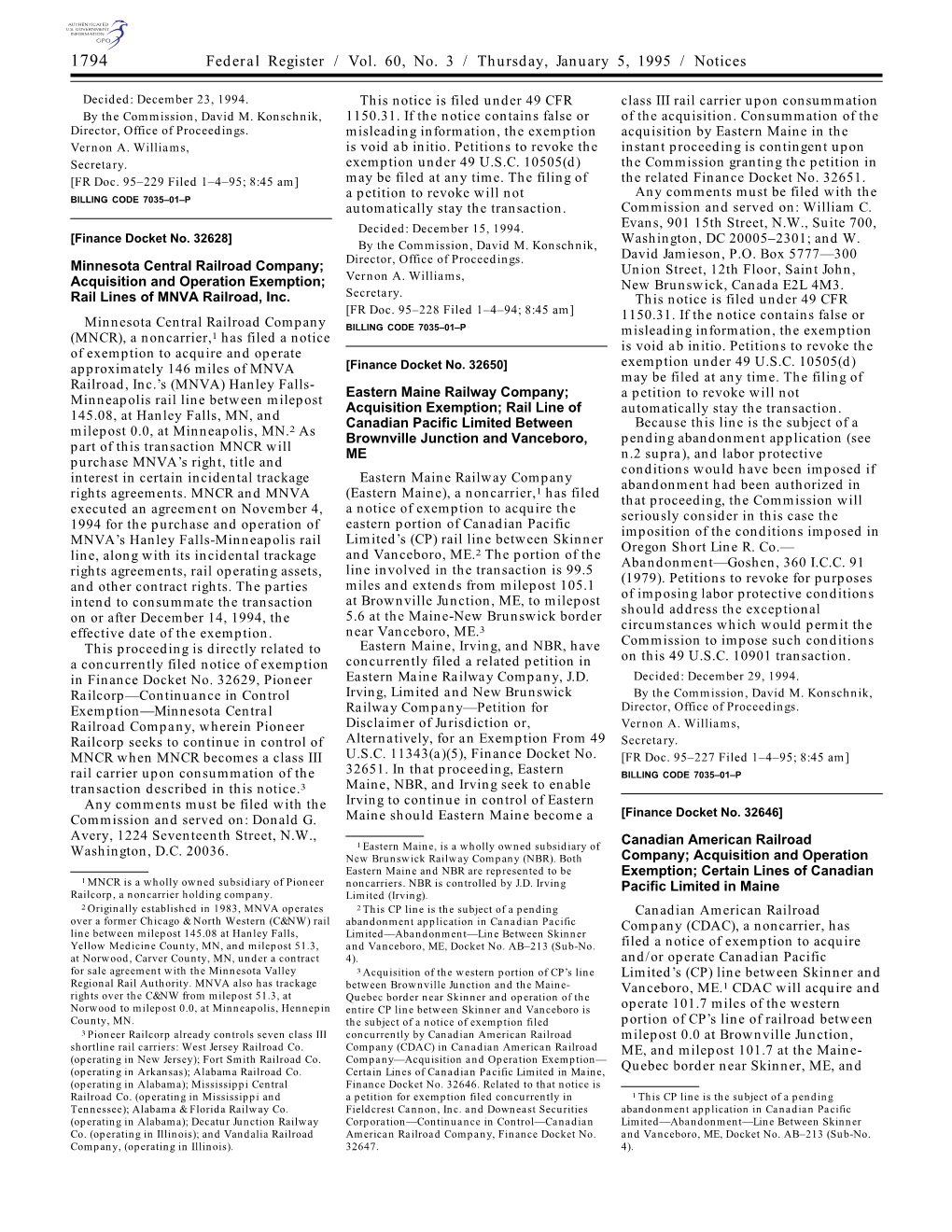Federal Register / Vol. 60, No. 3 / Thursday, January 5, 1995 / Notices