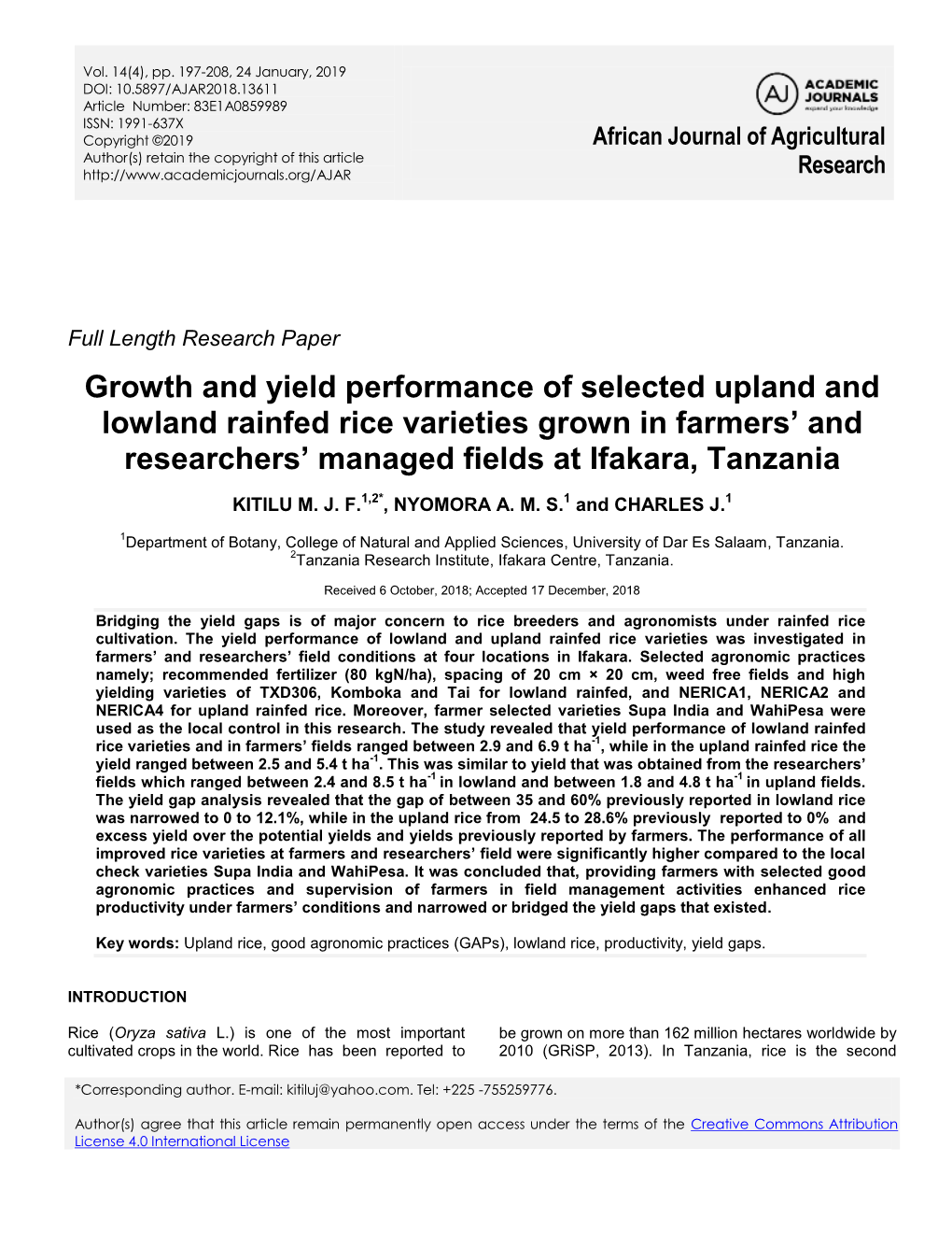 Growth and Yield Performance of Selected Upland and Lowland Rainfed Rice Varieties Grown in Farmers’ and Researchers’ Managed Fields at Ifakara, Tanzania