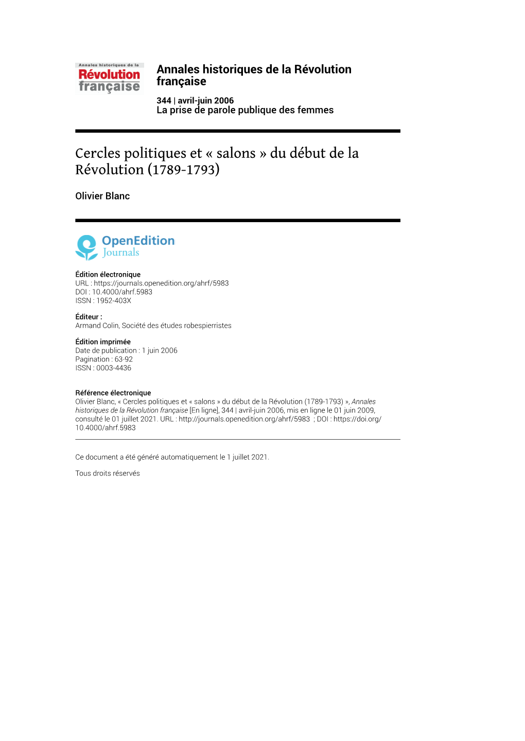 Annales Historiques De La Révolution Française, 344 | Avril-Juin 2006 Cercles Politiques Et « Salons » Du Début De La Révolution (1789-1793) 2