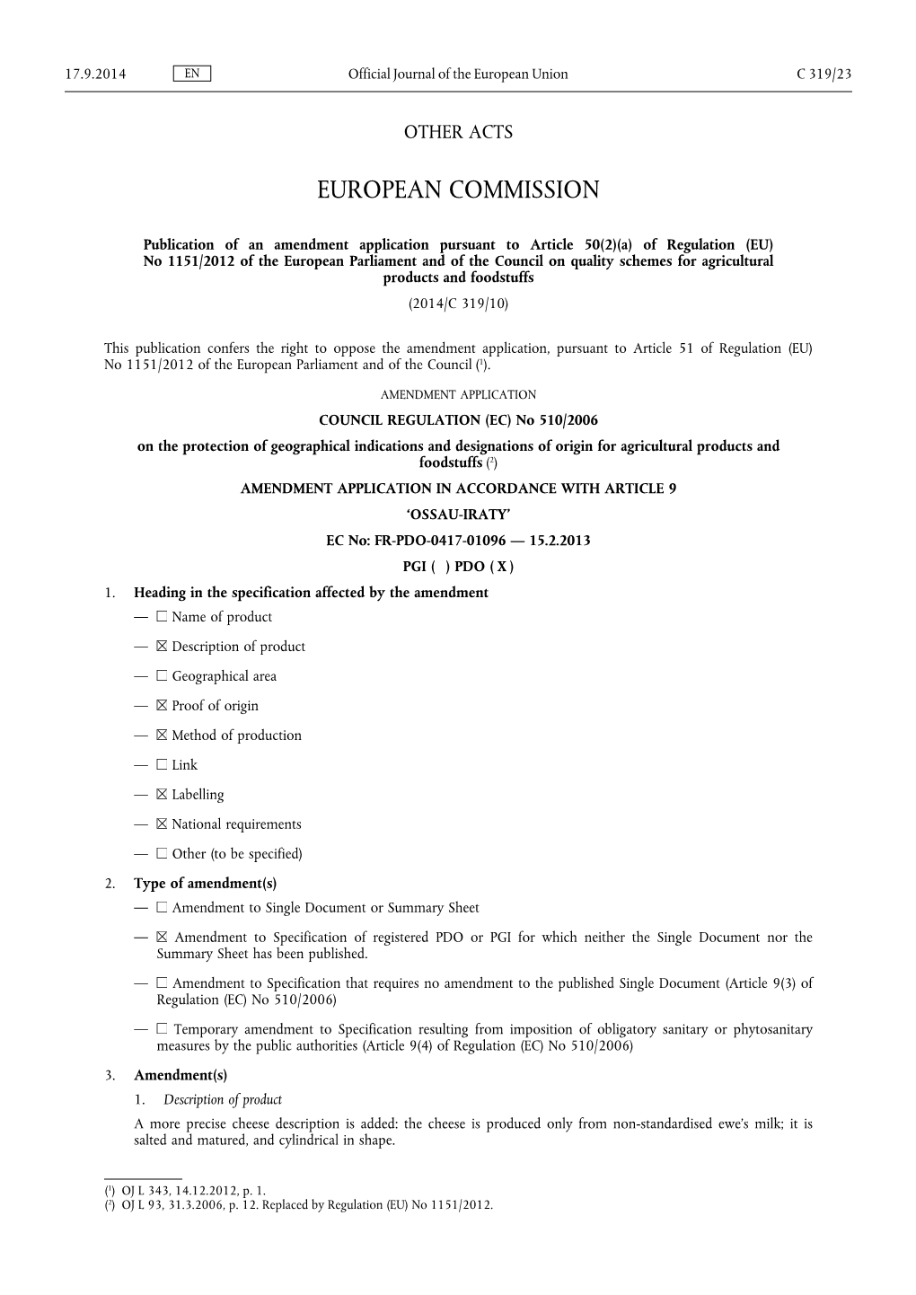 Publication of an Amendment Application Pursuant To