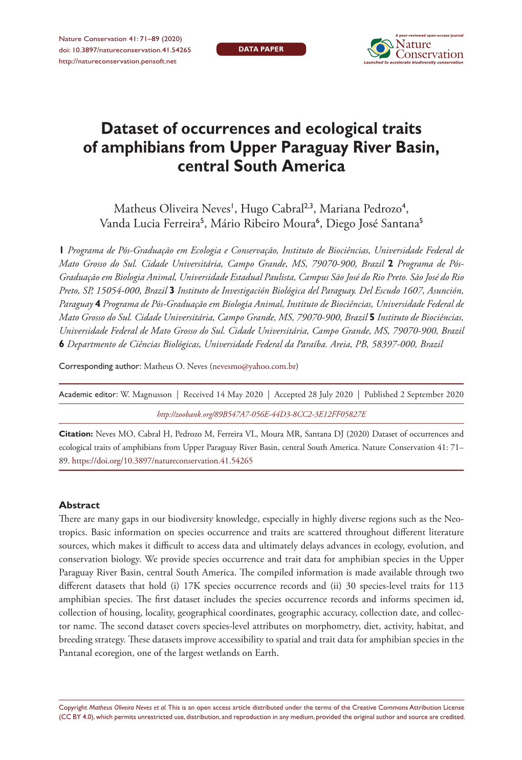 Dataset of Occurrences and Ecological Traits of Amphibians from Upper Paraguay River Basin, Central South America