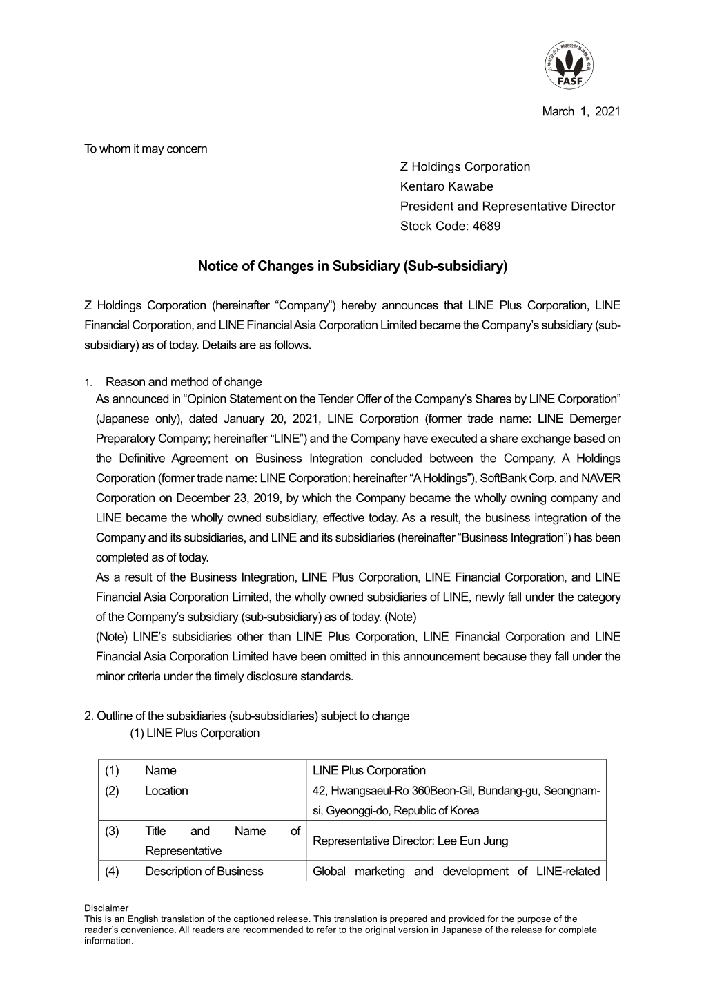 Notice of Changes in Subsidiary (Sub-Subsidiary)