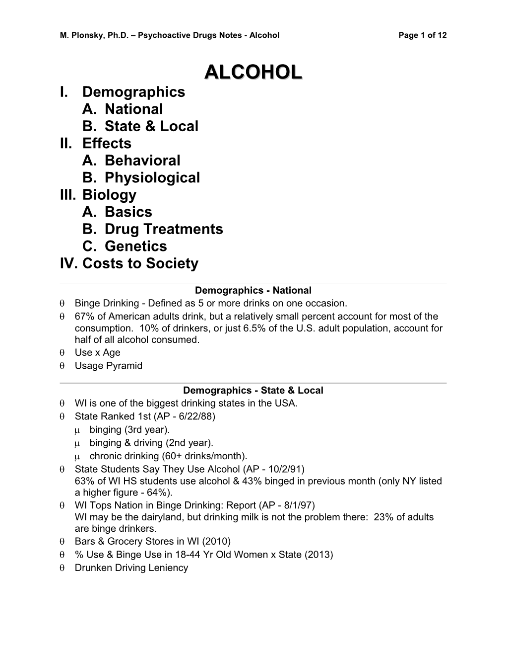 M. Plonsky, Ph.D. Psychoactive Drugs Notes - Alcohol Page 2 of 12
