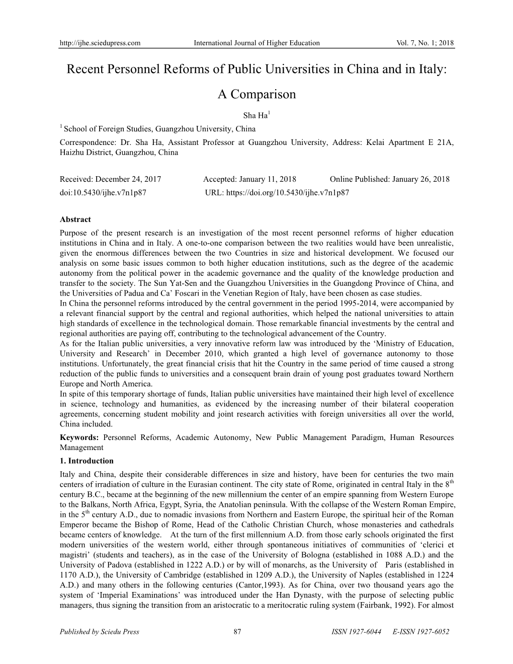 Recent Personnel Reforms of Public Universities in China and in Italy: a Comparison