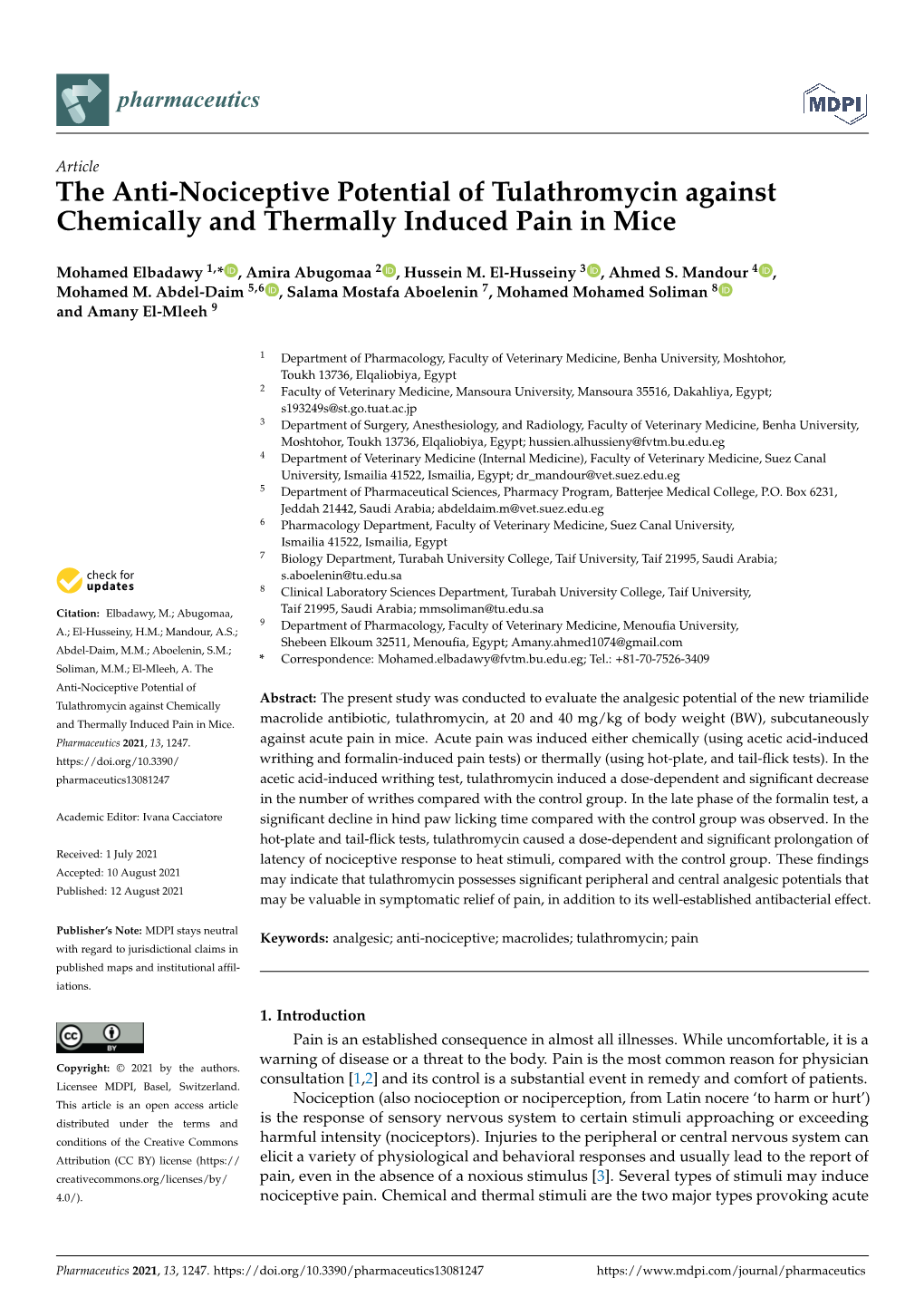 The Anti-Nociceptive Potential of Tulathromycin Against Chemically and Thermally Induced Pain in Mice