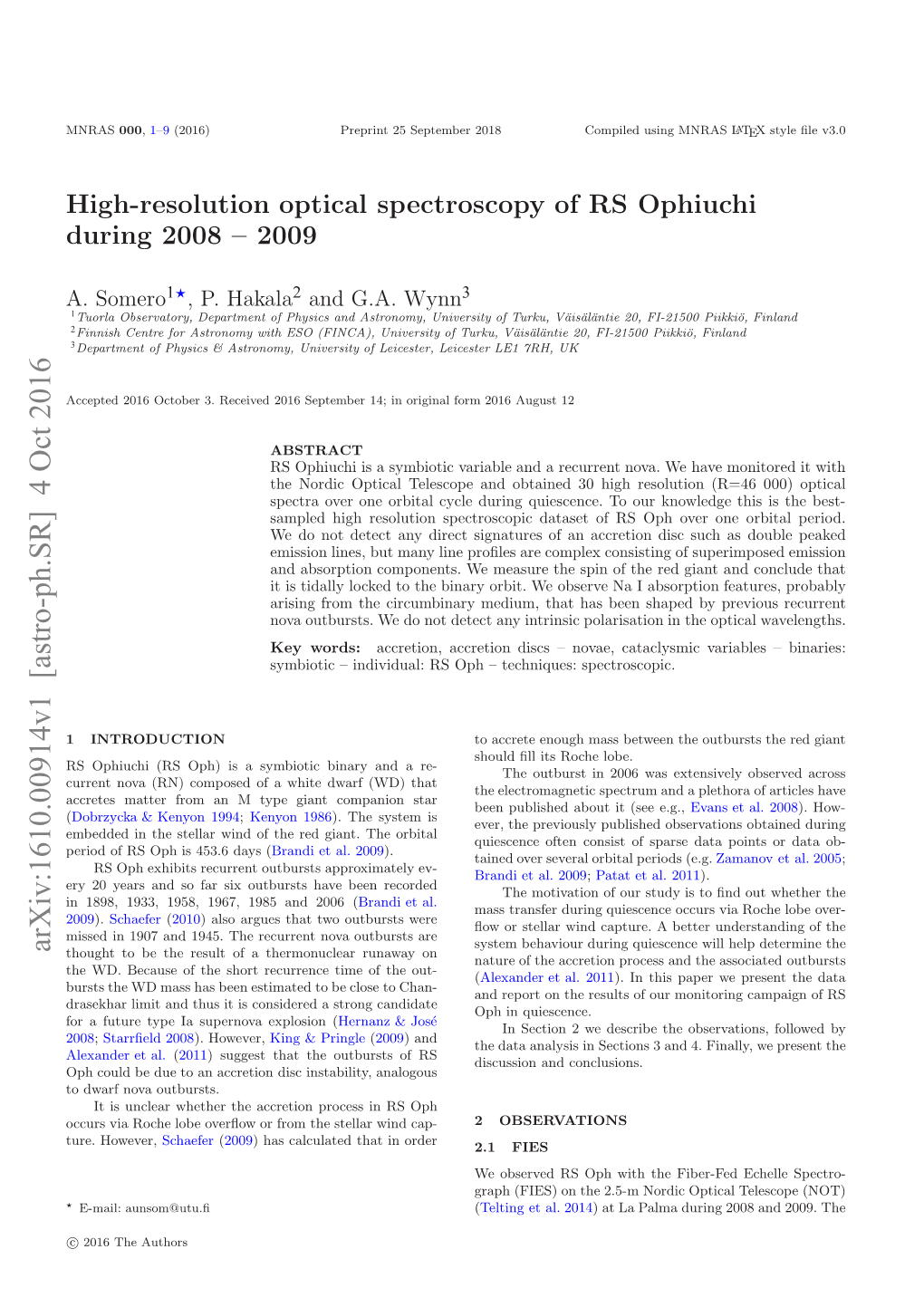 High-Resolution Optical Spectroscopy of RS Ophiuchi During 2008 – 2009 3