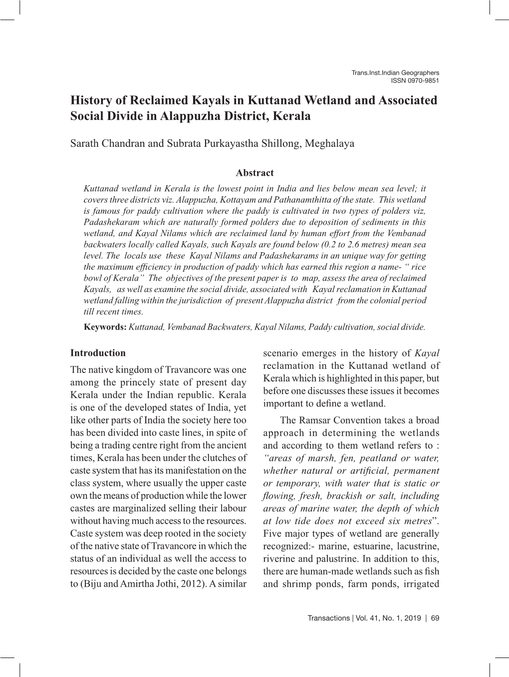History of Reclaimed Kayals in Kuttanad Wetland and Associated Social Divide in Alappuzha District, Kerala