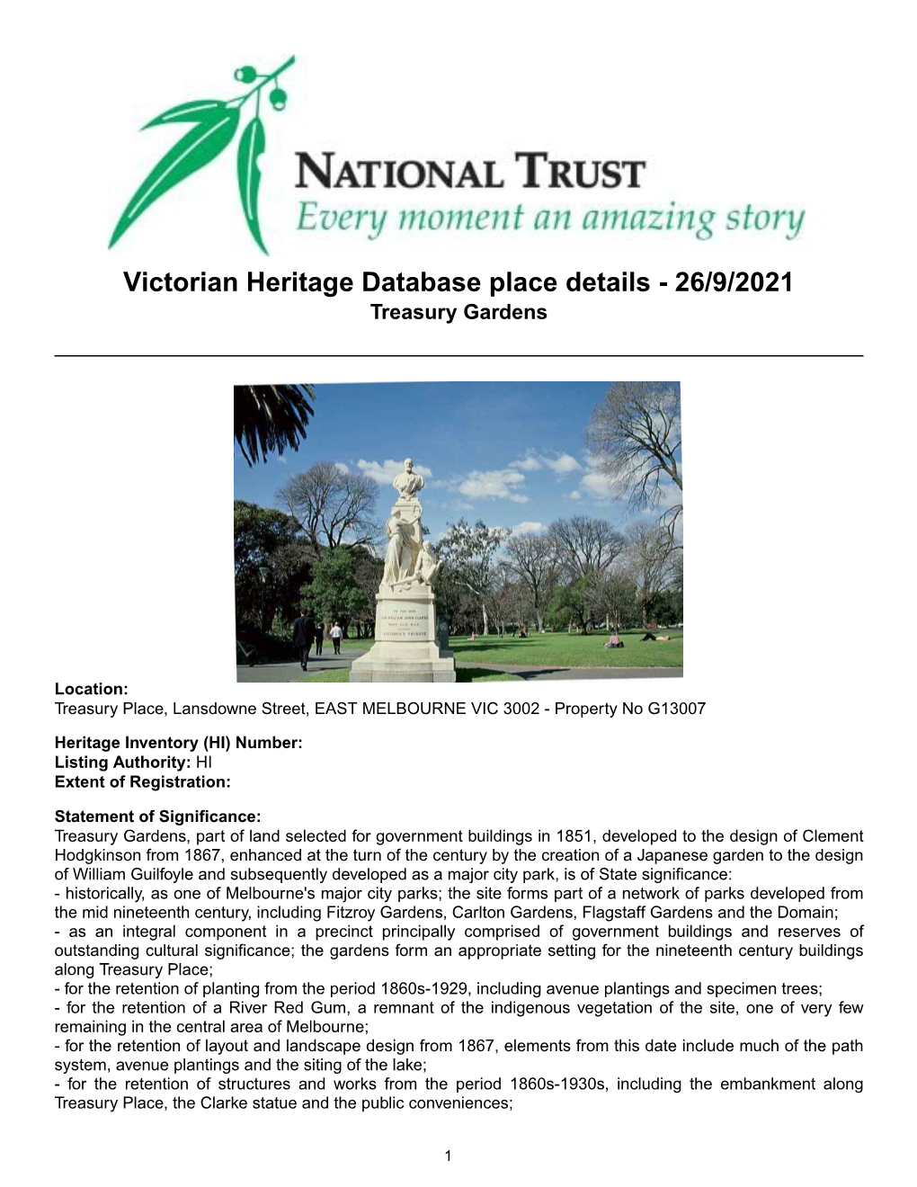 Victorian Heritage Database Place Details - 26/9/2021 Treasury Gardens