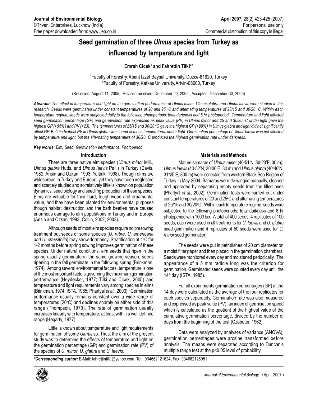 Seed Germination of Three Ulmus Species from Turkey As Influenced by Temperature and Light