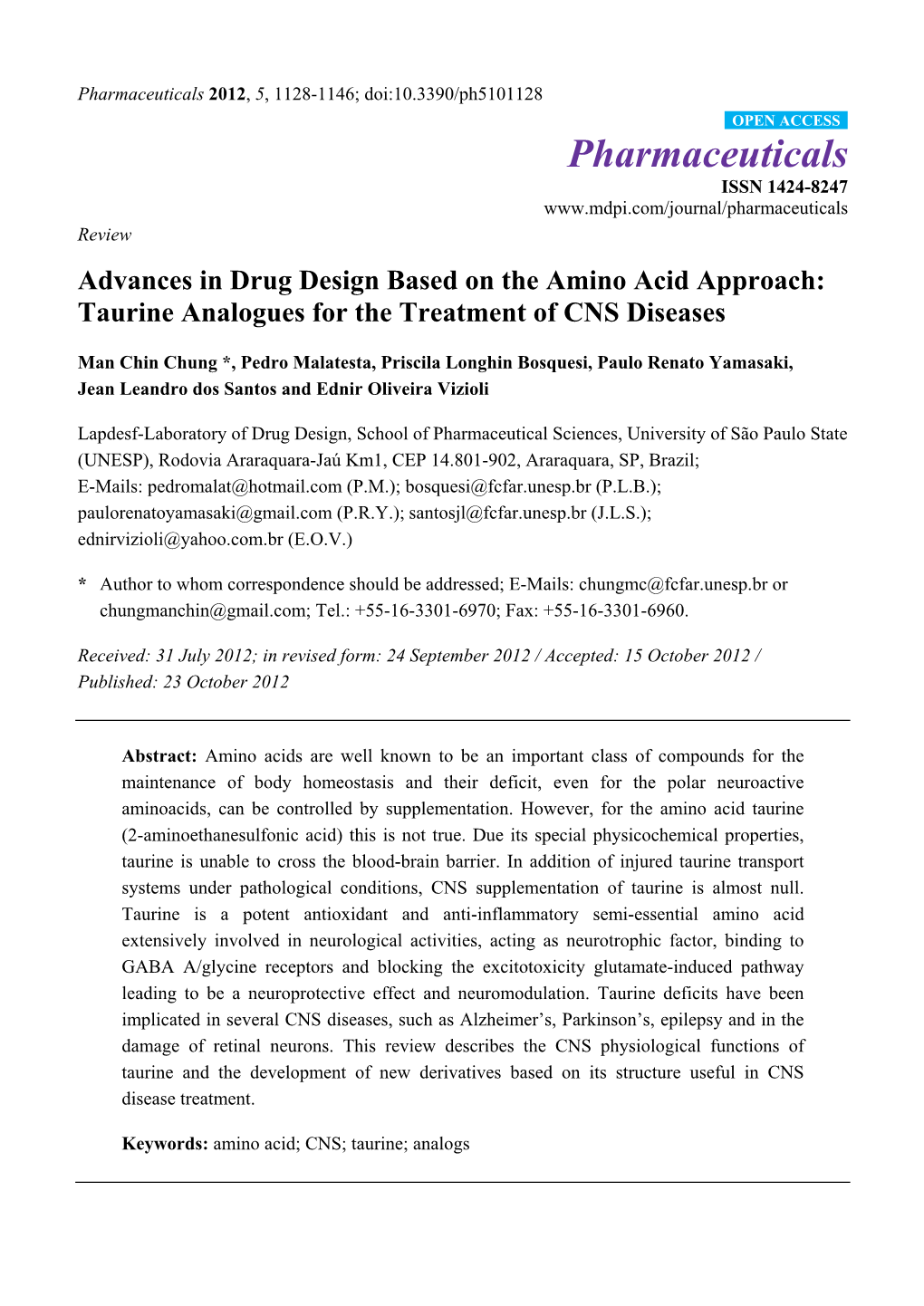 Advances in Drug Design Based on the Amino Acid Approach: Taurine Analogues for the Treatment of CNS Diseases