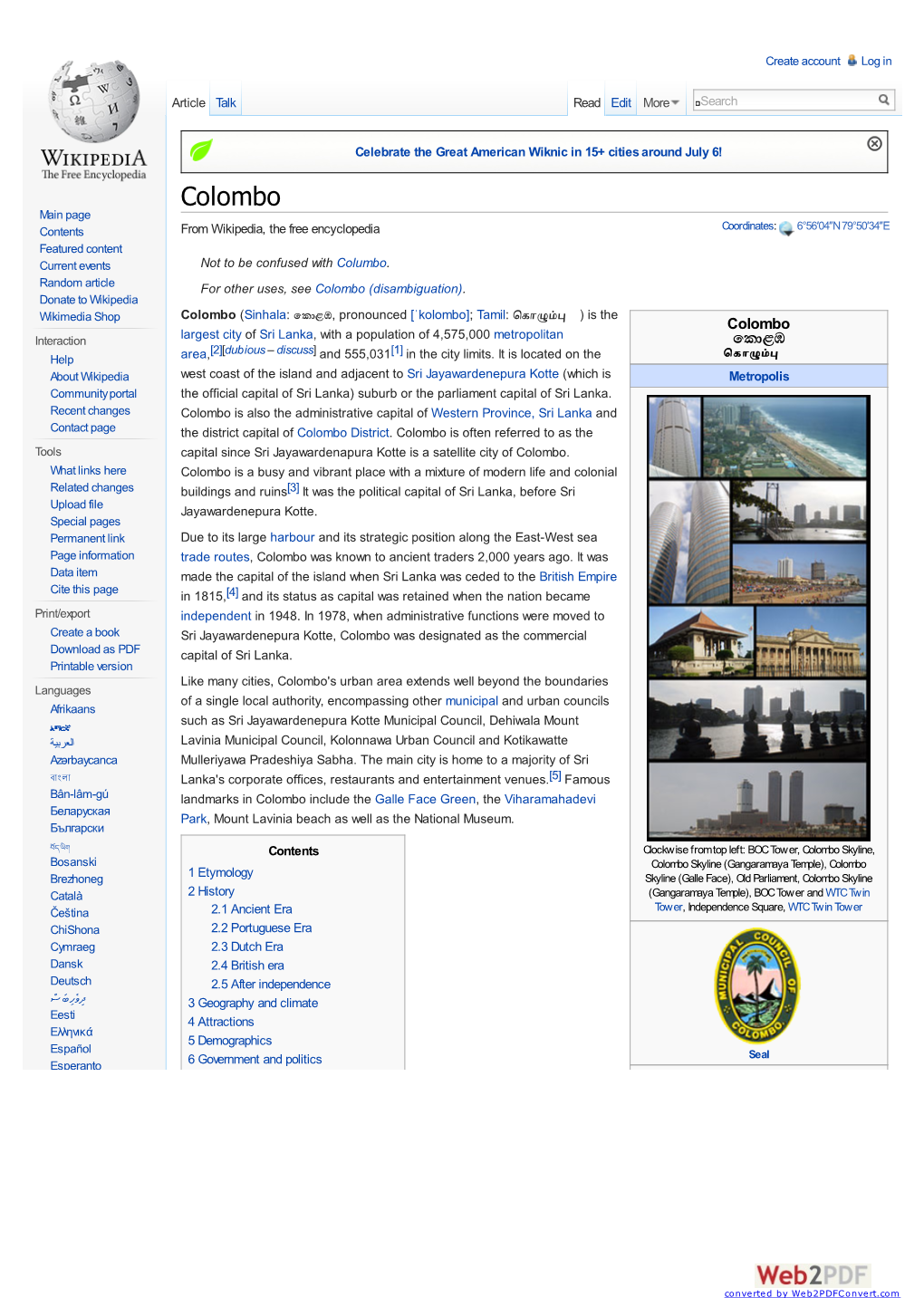 Colombo Main Page Contents from Wikipedia, the Free Encyclopedia Coordinates: 6°56′04″N 79°50′34″E Featured Content Current Events Not to Be Confused with Columbo