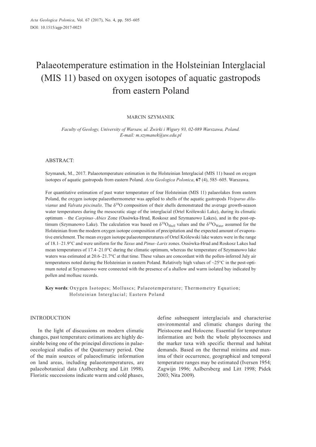 Palaeotemperature Estimation in the Holsteinian Interglacial (MIS 11) Based on Oxygen Isotopes of Aquatic Gastropods from Eastern Poland