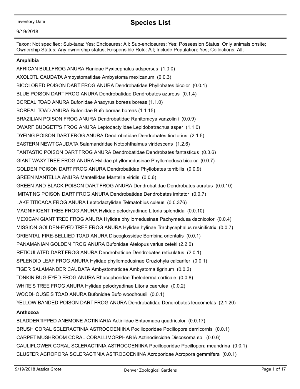 Species List 9/19/2018