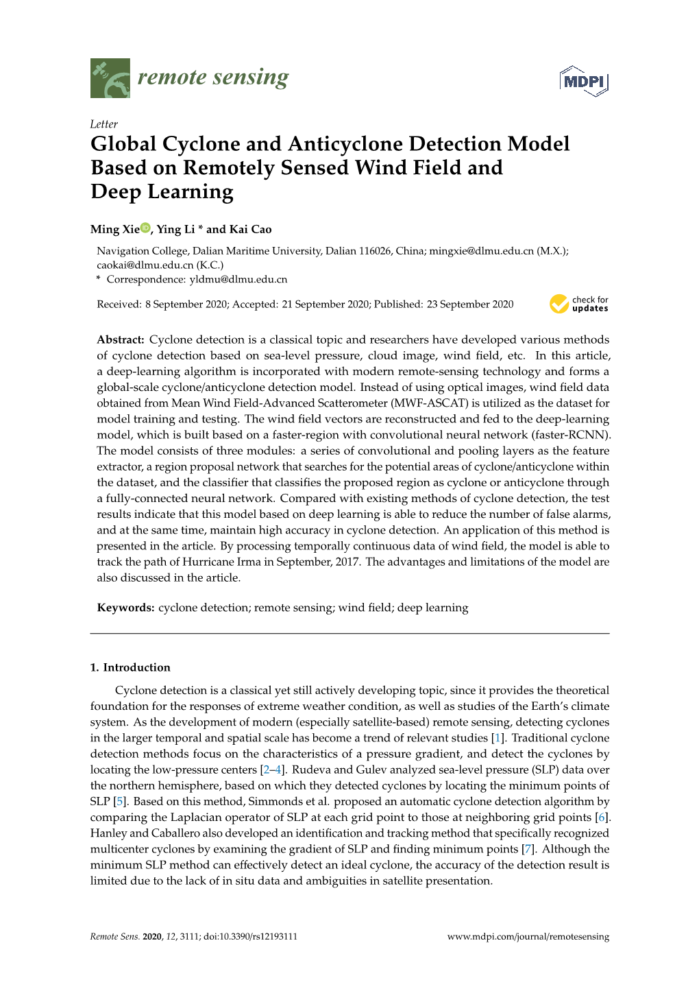 Global Cyclone and Anticyclone Detection Model Based on Remotely Sensed Wind Field and Deep Learning