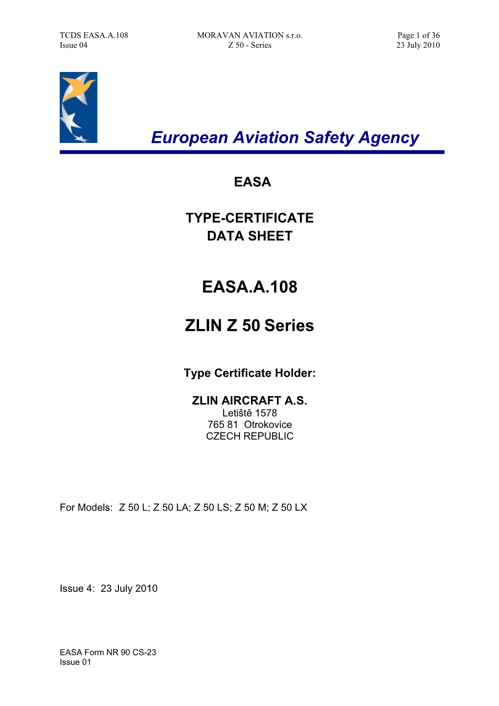 European Aviation Safety Agency EASA.A.108 ZLIN Z 50 Series