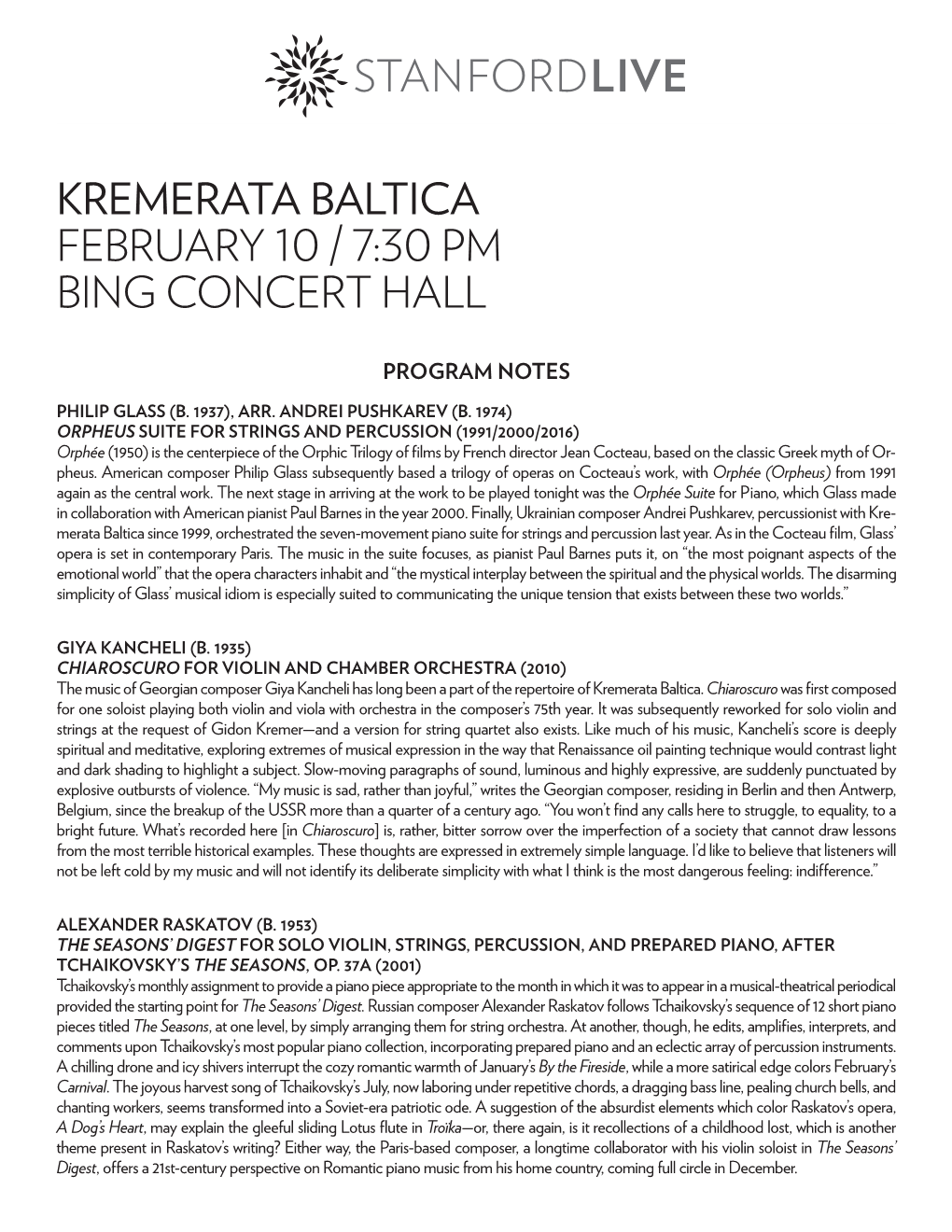 Kremerata Baltica February   : Pm Bing Concert Hall