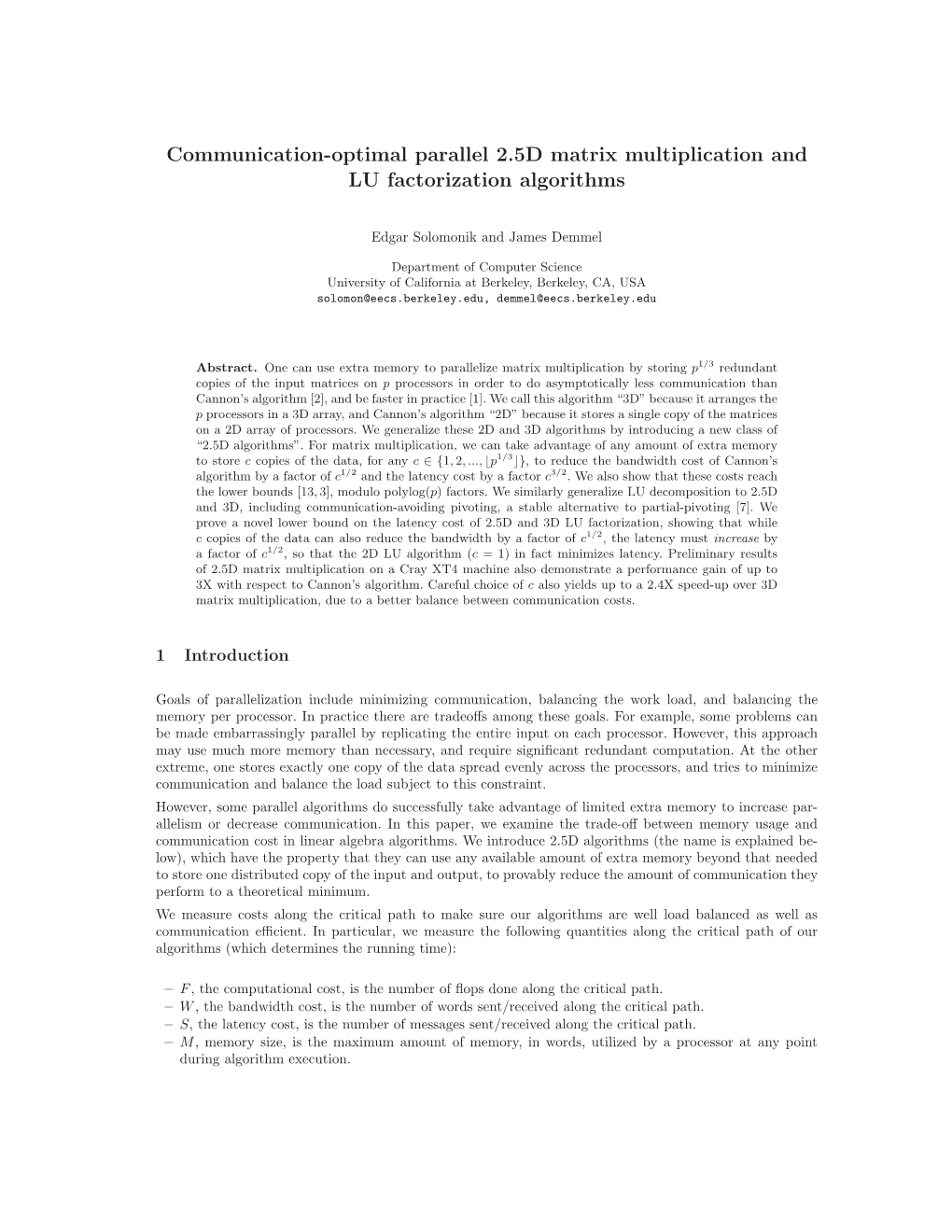 Communication-Optimal Parallel 2.5D Matrix Multiplication and LU Factorization Algorithms