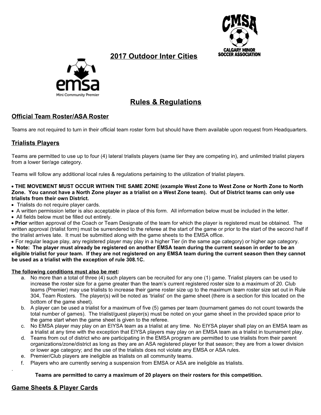 2017 Outdoor Inter Cities Rules & Regulations