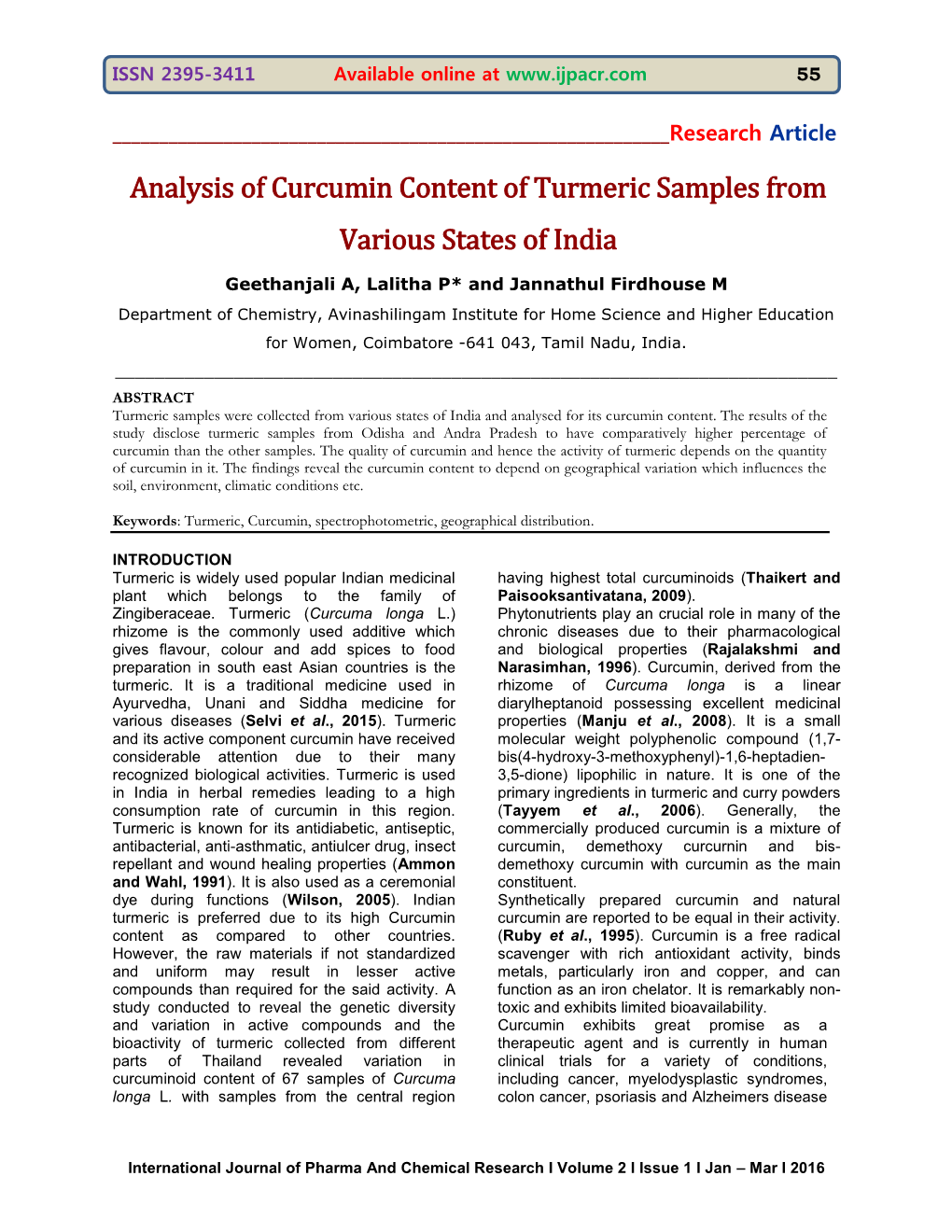 Analysis of Curcumin Content of Turmeric Samples from Various States of India