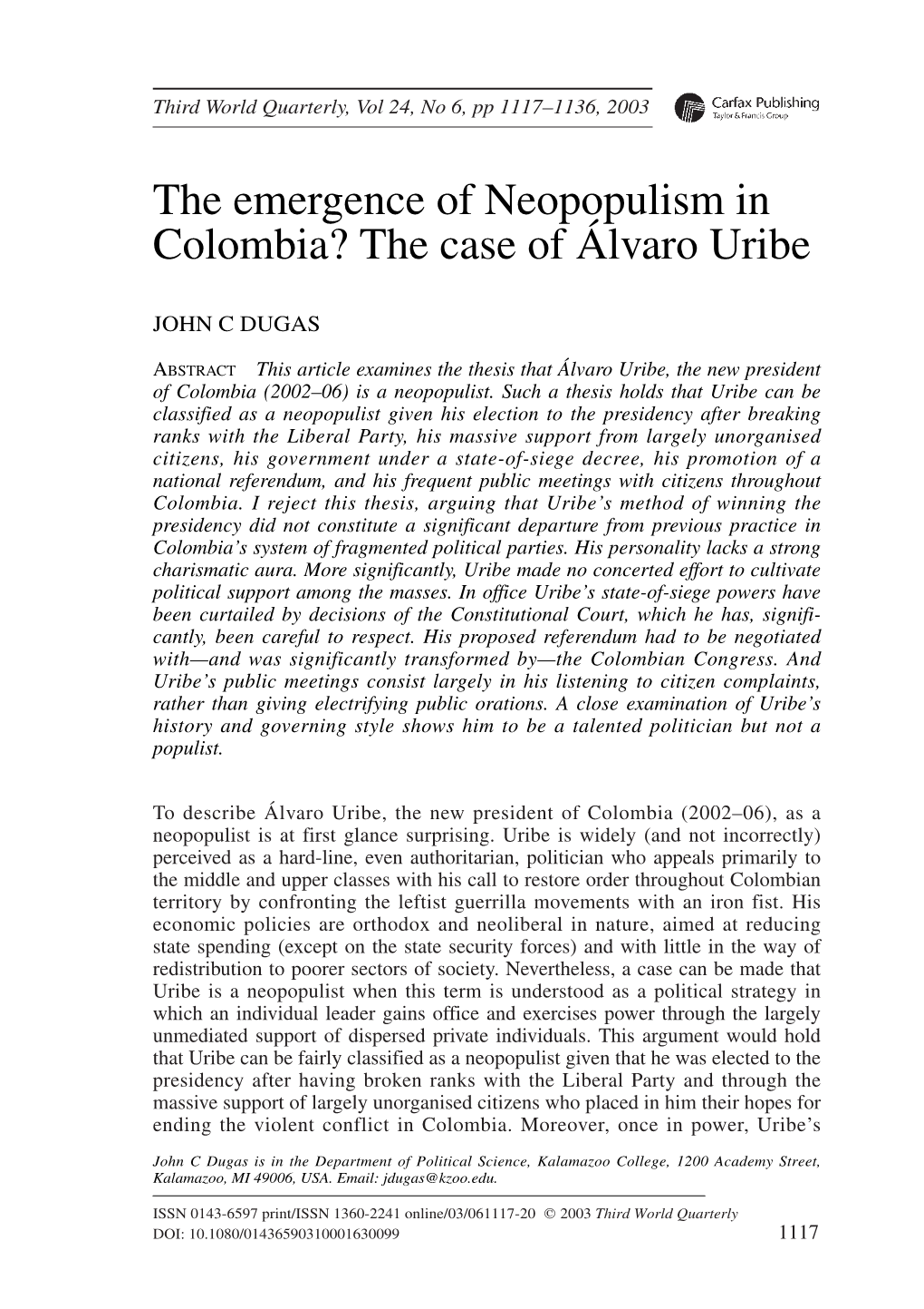 The Emergence of Neopopulism in Colombia? the Case of Álvaro Uribe