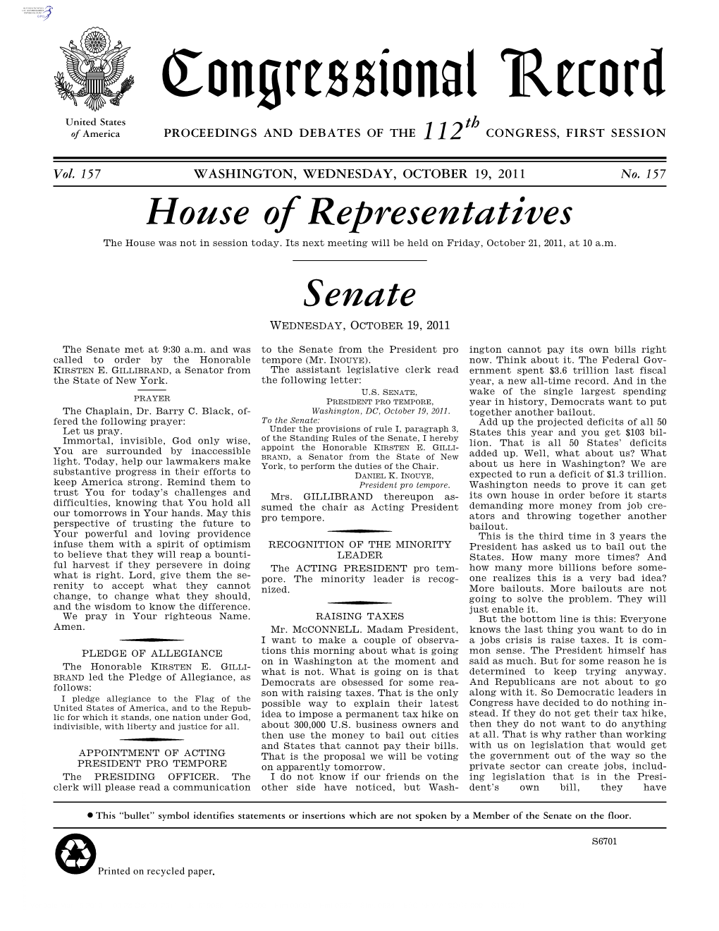 Congressional Record United States Th of America PROCEEDINGS and DEBATES of the 112 CONGRESS, FIRST SESSION