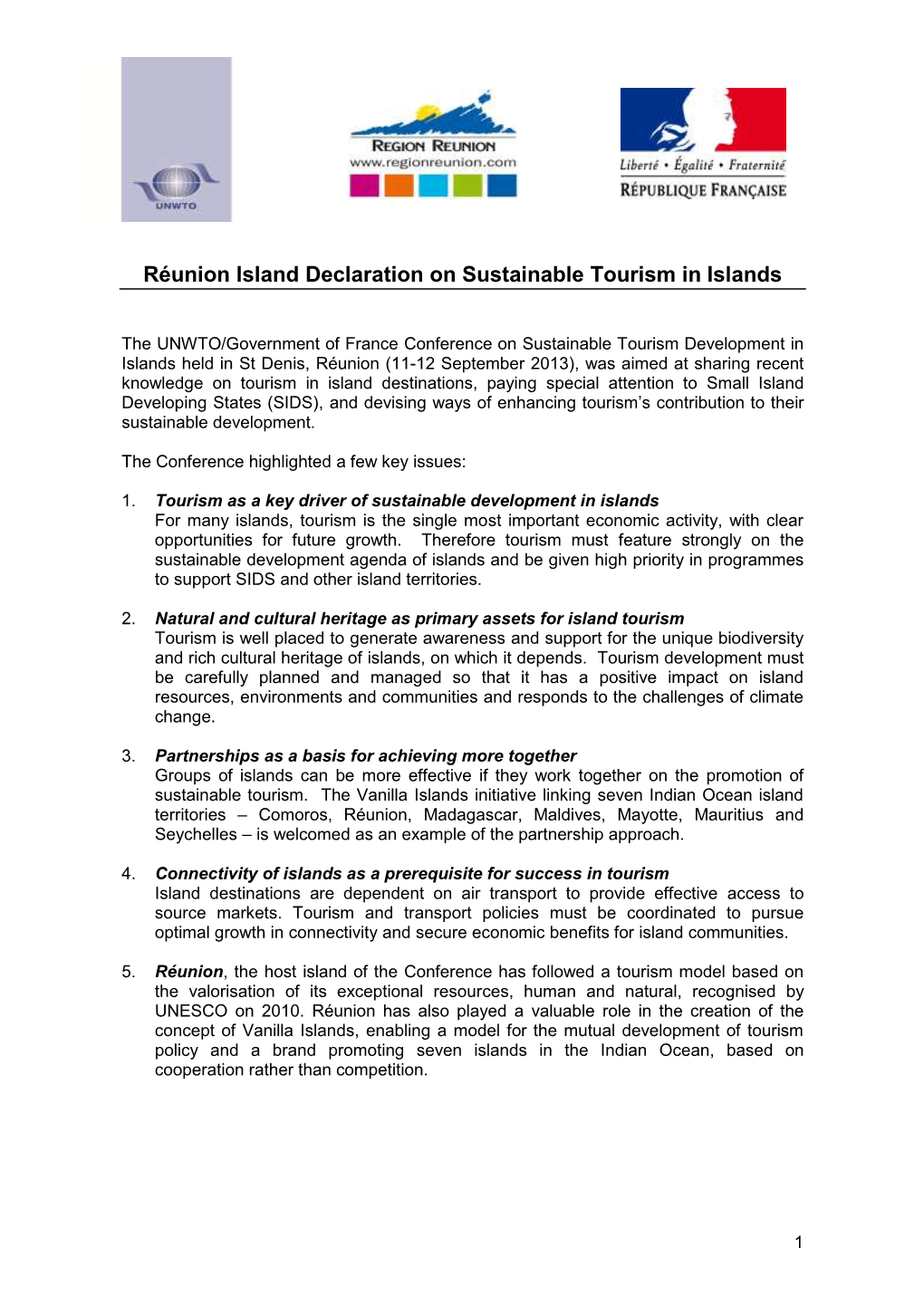 Réunion Island Declaration on Sustainable Tourism in Islands