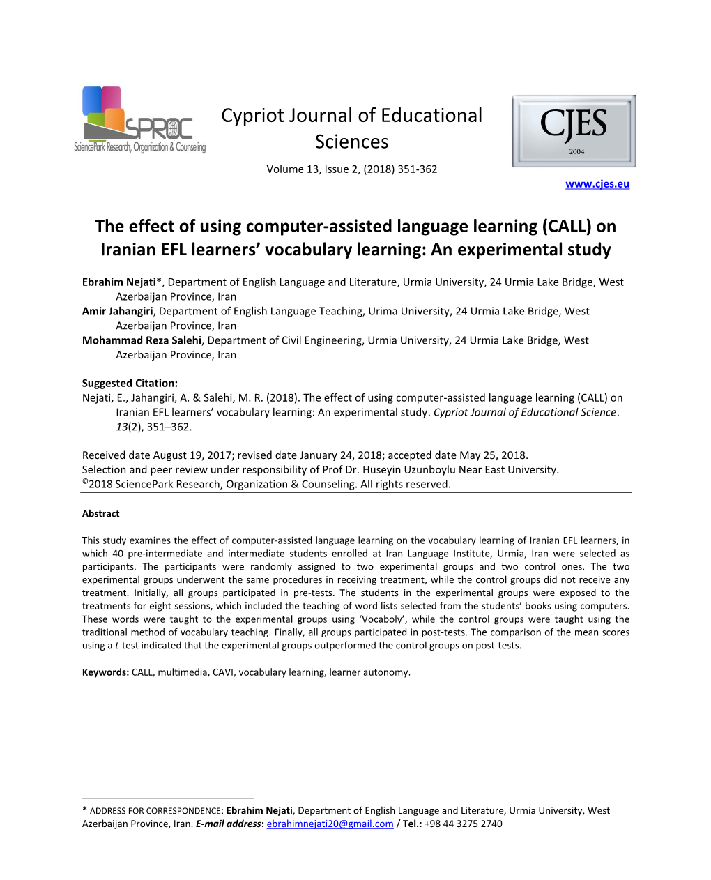 Cypriot Journal of Educational Sciences Volume 13, Issue 2, (2018) 351-362