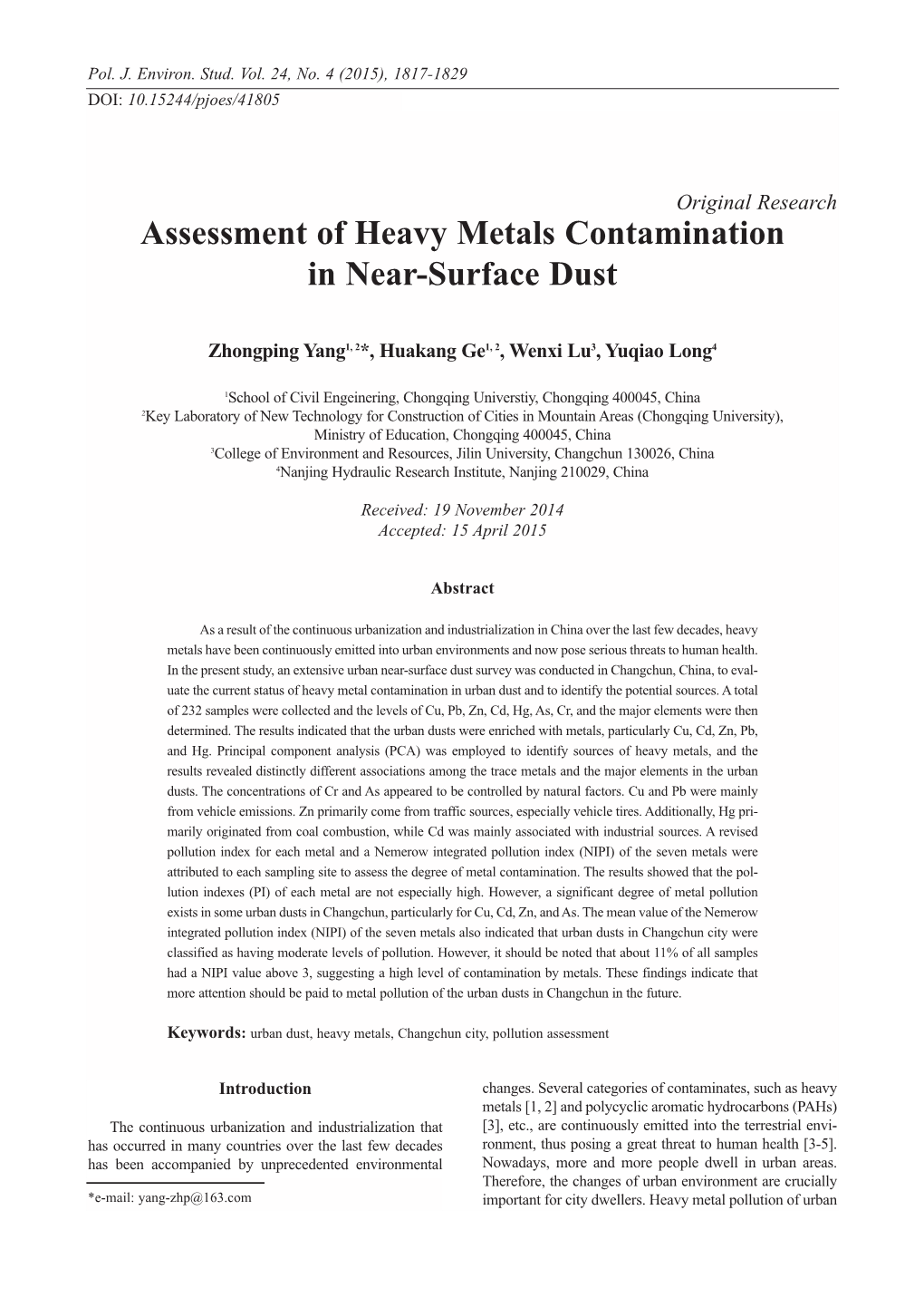 Assessment of Heavy Metals Contamination in Near-Surface Dust