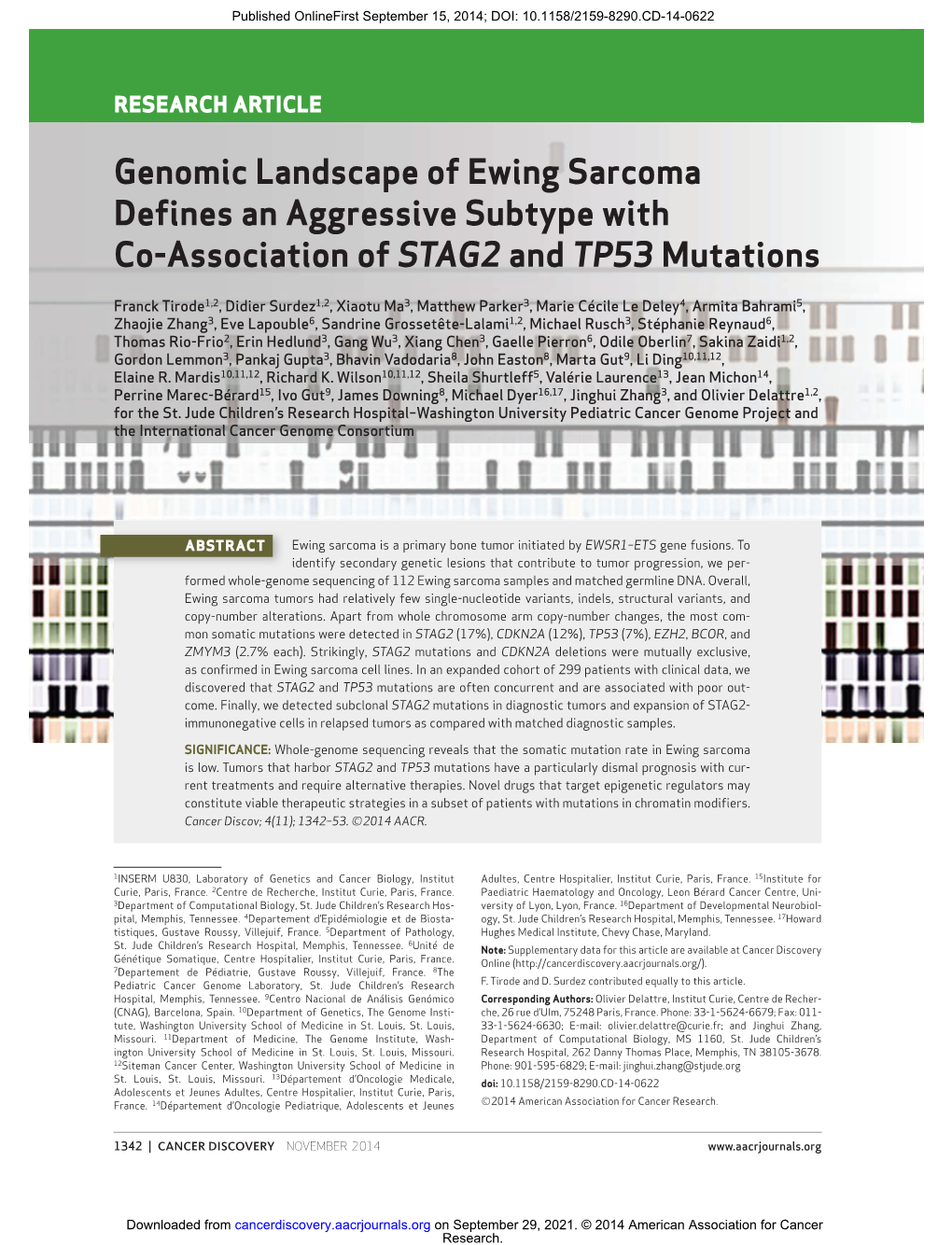 Genomic Landscape of Ewing Sarcoma Defines an Aggressive Subtype with Co-Association of STAG2 and TP53 Mutations