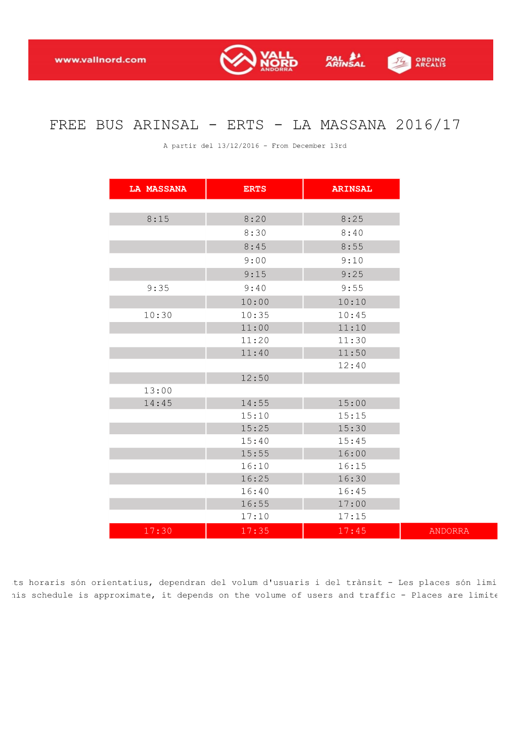 Free Bus Arinsal - Erts - La Massana 2016/17