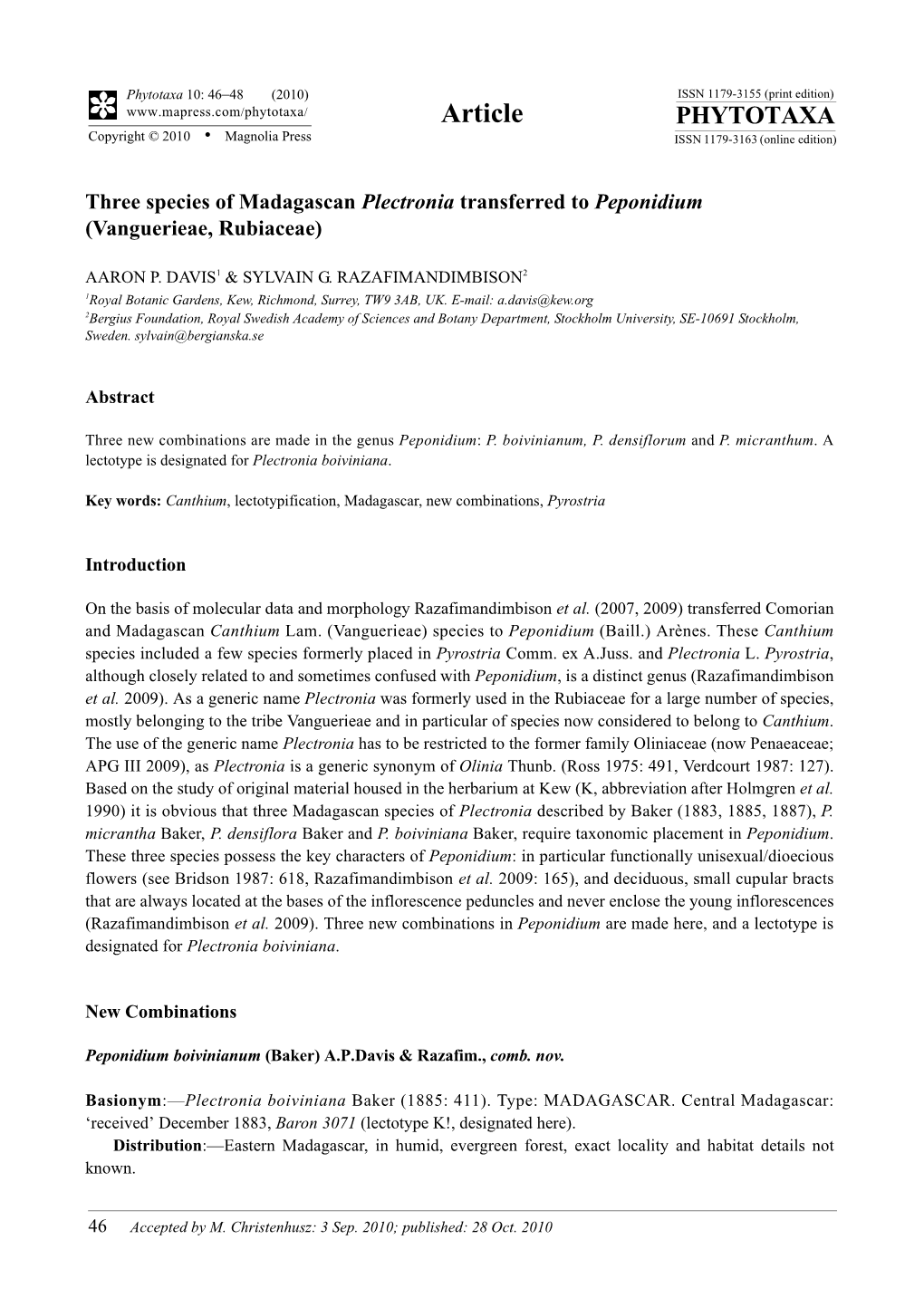 Phytotaxa, Three Species of Madagascan Plectronia Transferred to Peponidium