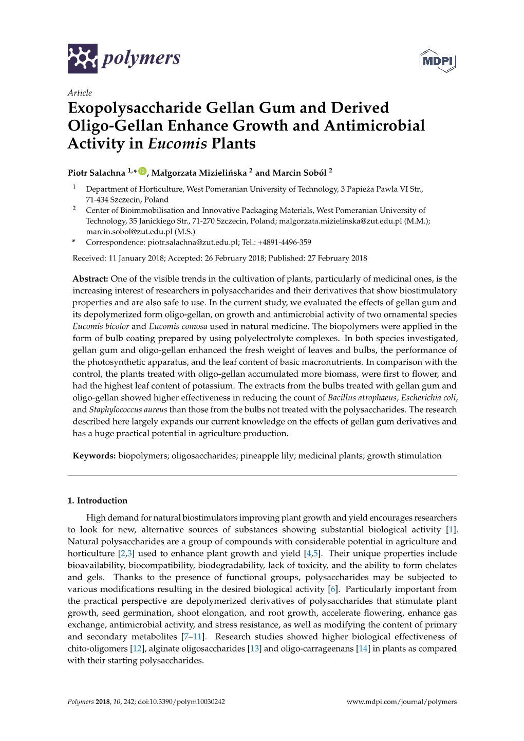 Exopolysaccharide Gellan Gum and Derived Oligo-Gellan Enhance Growth and Antimicrobial Activity in Eucomis Plants