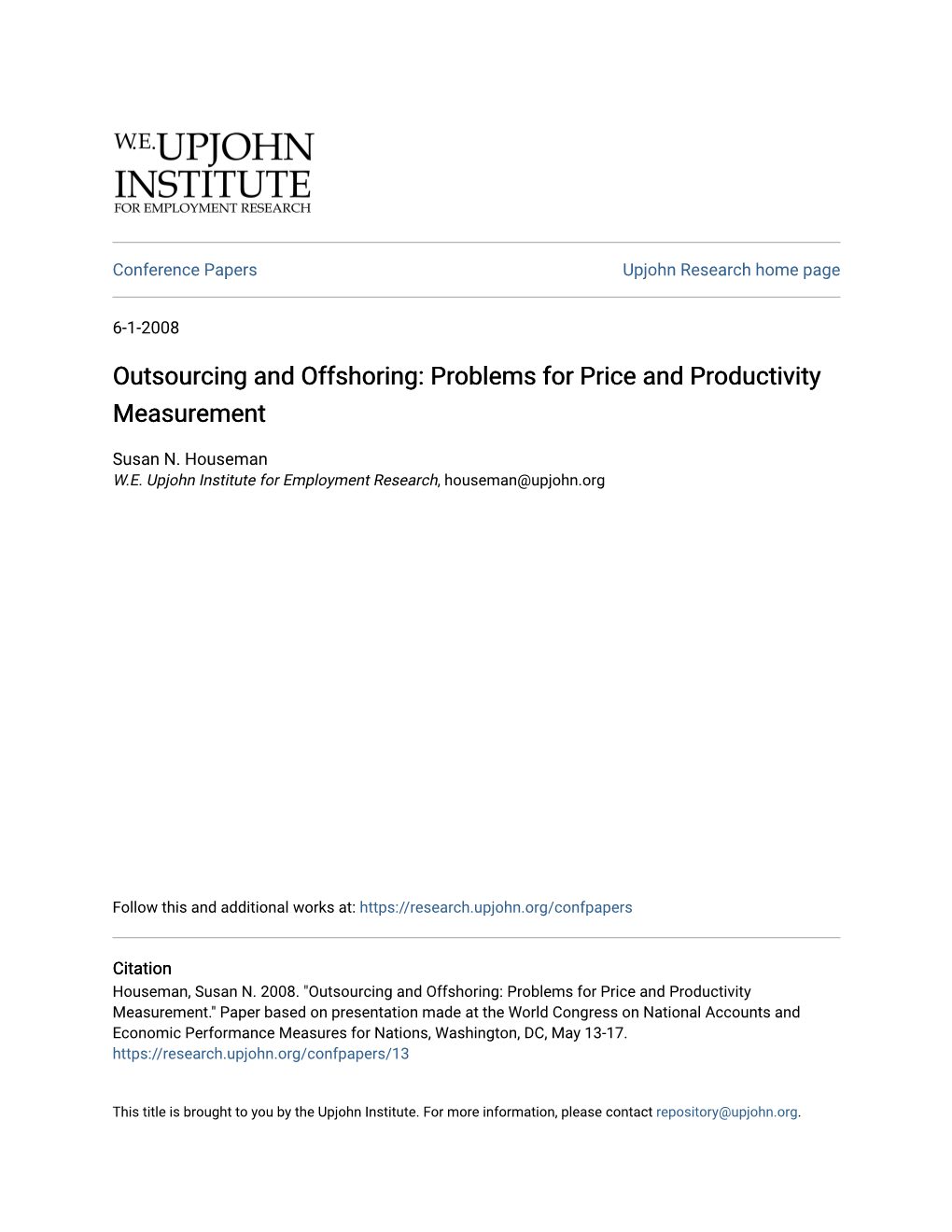 Outsourcing and Offshoring: Problems for Price and Productivity Measurement