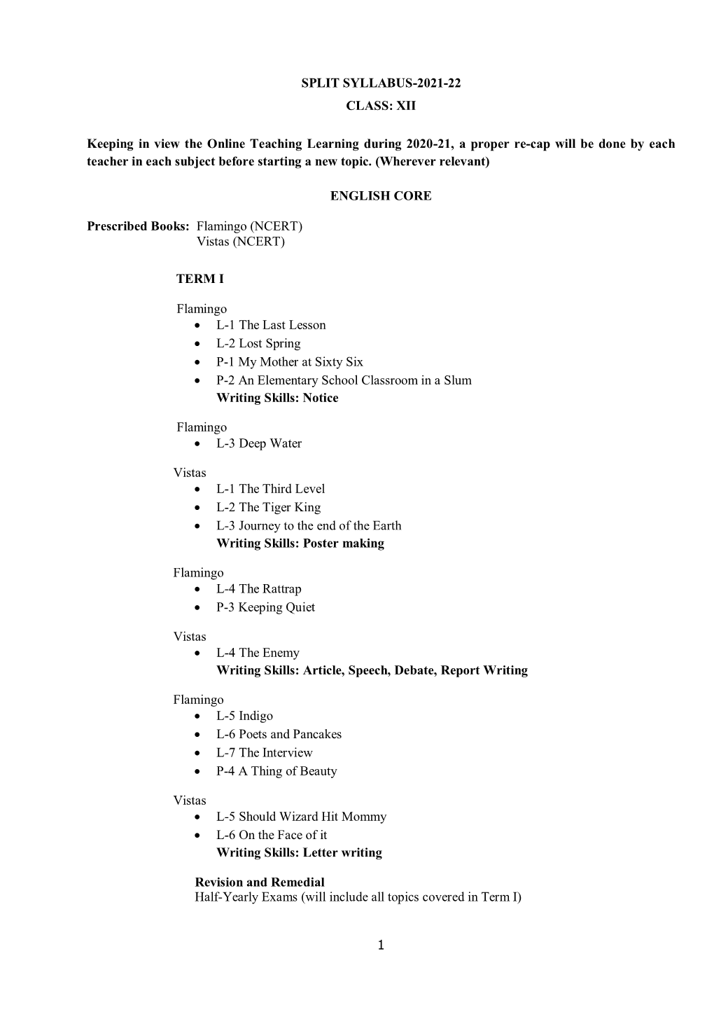 1 SPLIT SYLLABUS-2021-22 CLASS: XII Keeping in View the Online