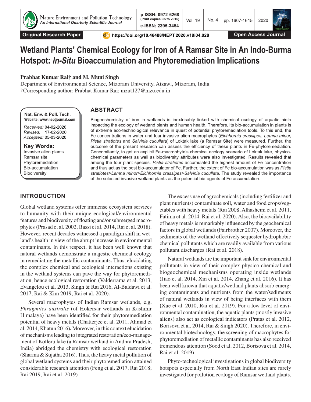 Wetland Plants' Chemical Ecology for Iron of a Ramsar Site in an Indo