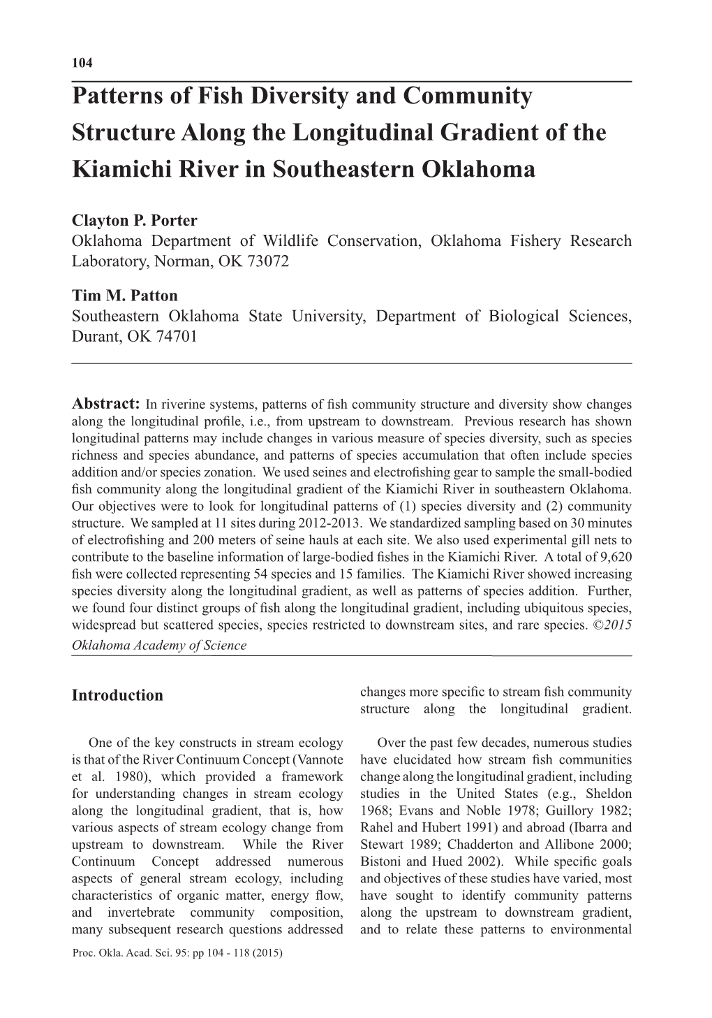 Patterns of Fish Diversity and Community Structure Along the Longitudinal Gradient of the Kiamichi River in Southeastern Oklahoma