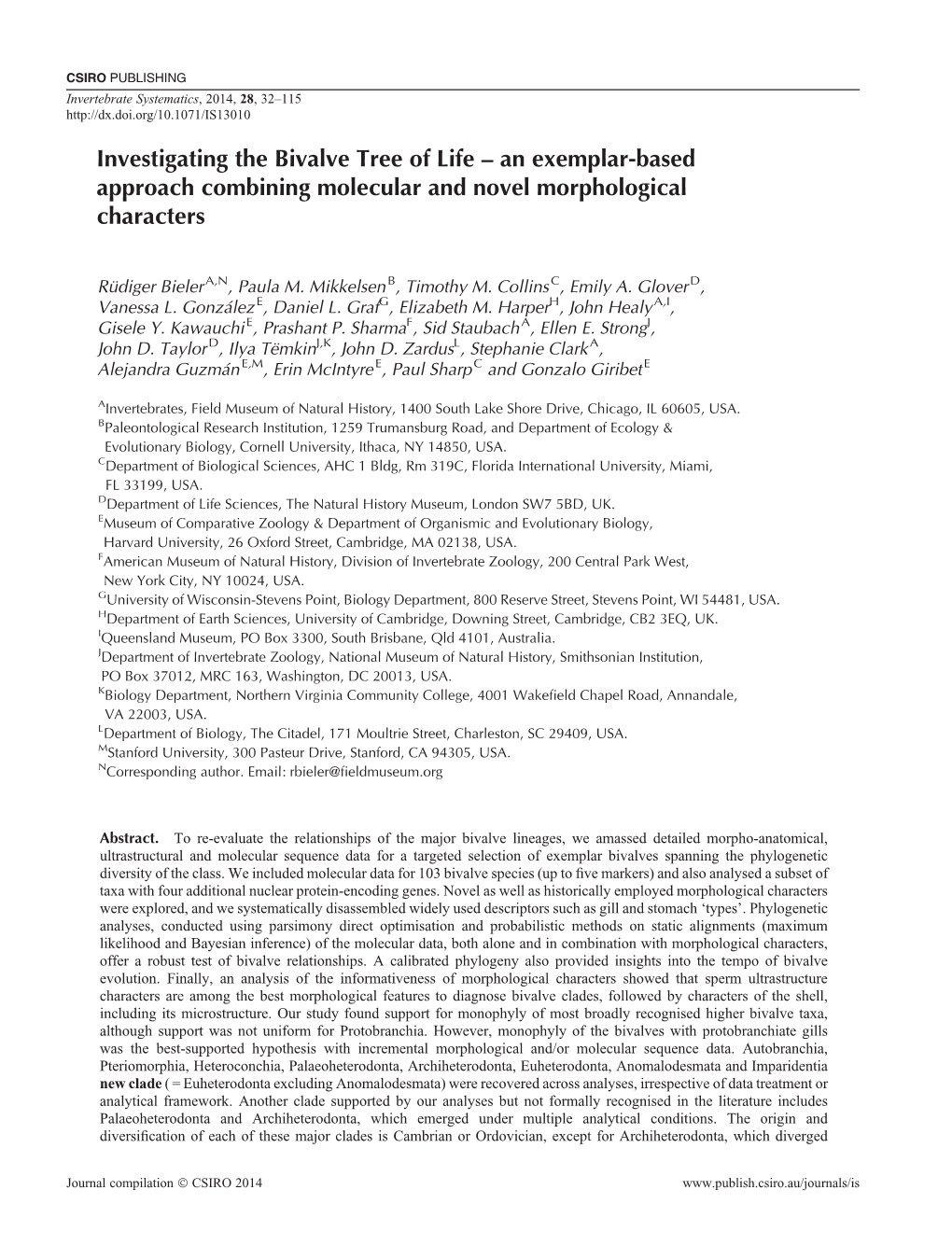 Investigating the Bivalve Tree of Life – an Exemplar-Based Approach Combining Molecular and Novel Morphological Characters